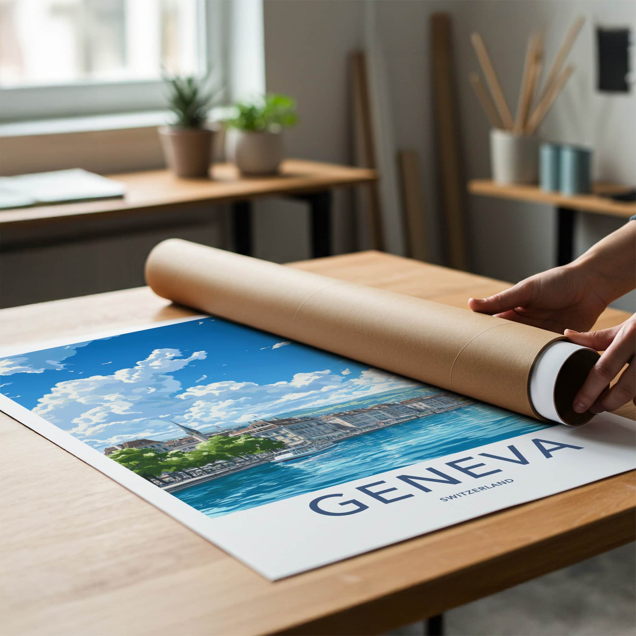 Geneva Poster - Switzerland Travel Art - Cityscape Lakeside Boat Home Decor