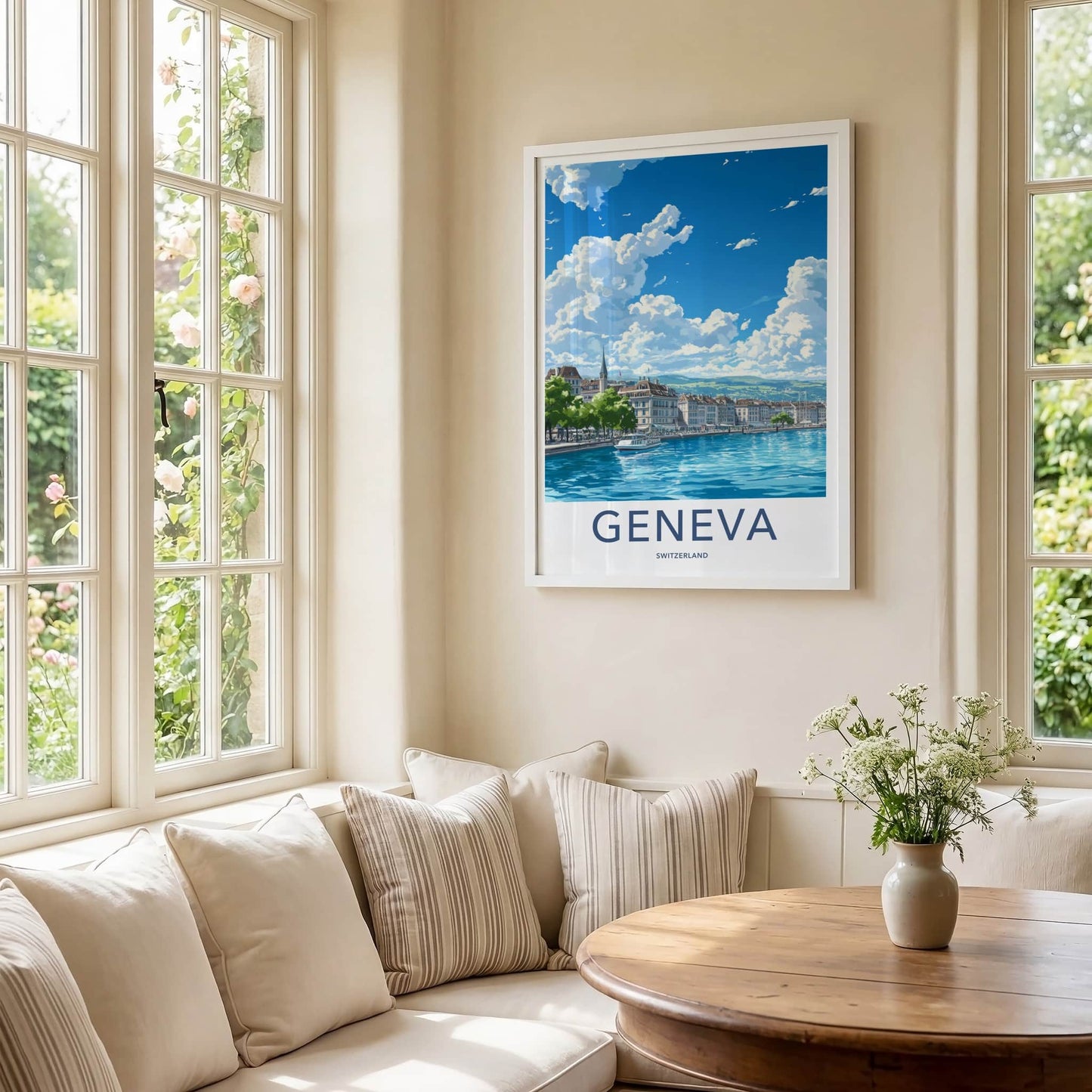 Geneva Poster - Switzerland Travel Art - Cityscape Lakeside Boat Home Decor