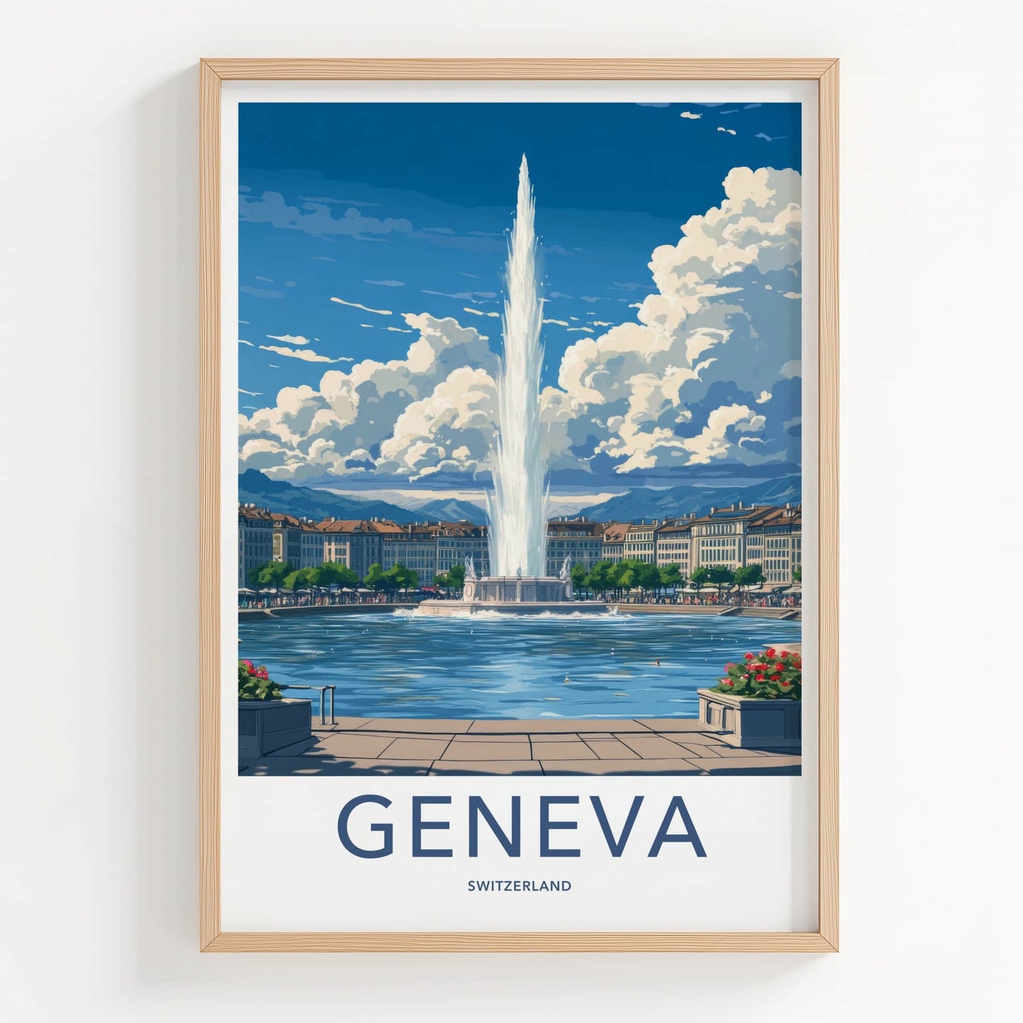 Geneva Poster - Switzerland Travel Art - Iconic Fountain Lake Home Decor