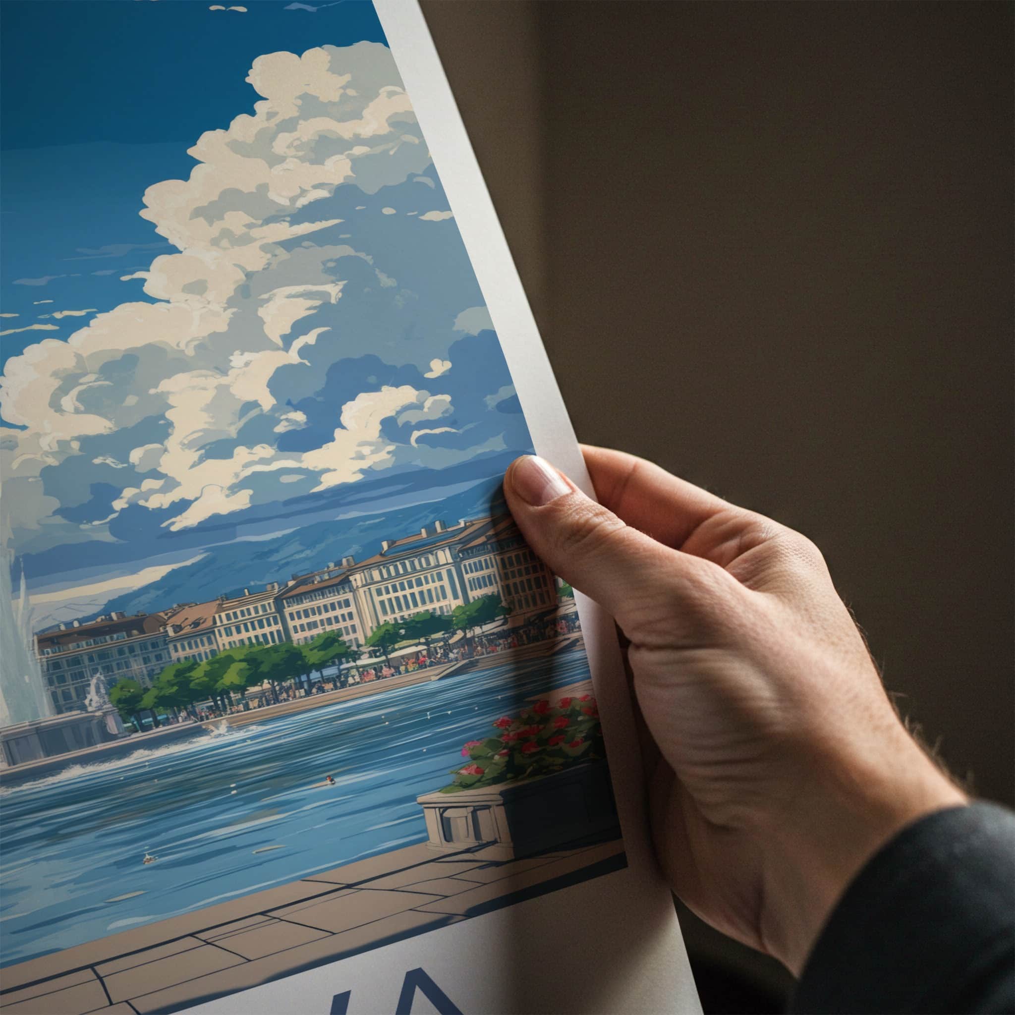 Geneva Poster - Switzerland Travel Art - Iconic Fountain Lake Home Decor