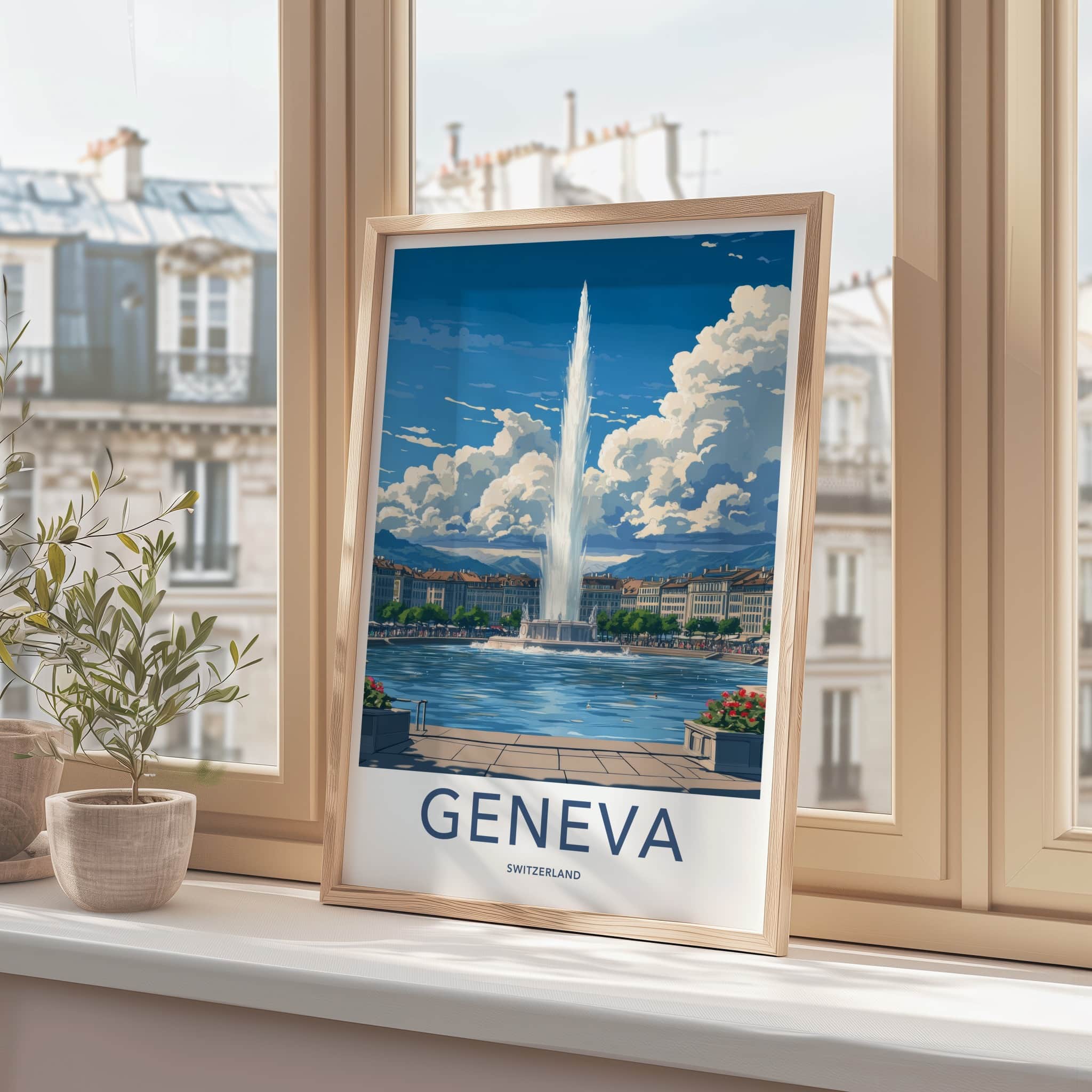 Geneva Poster - Switzerland Travel Art - Iconic Fountain Lake Home Decor