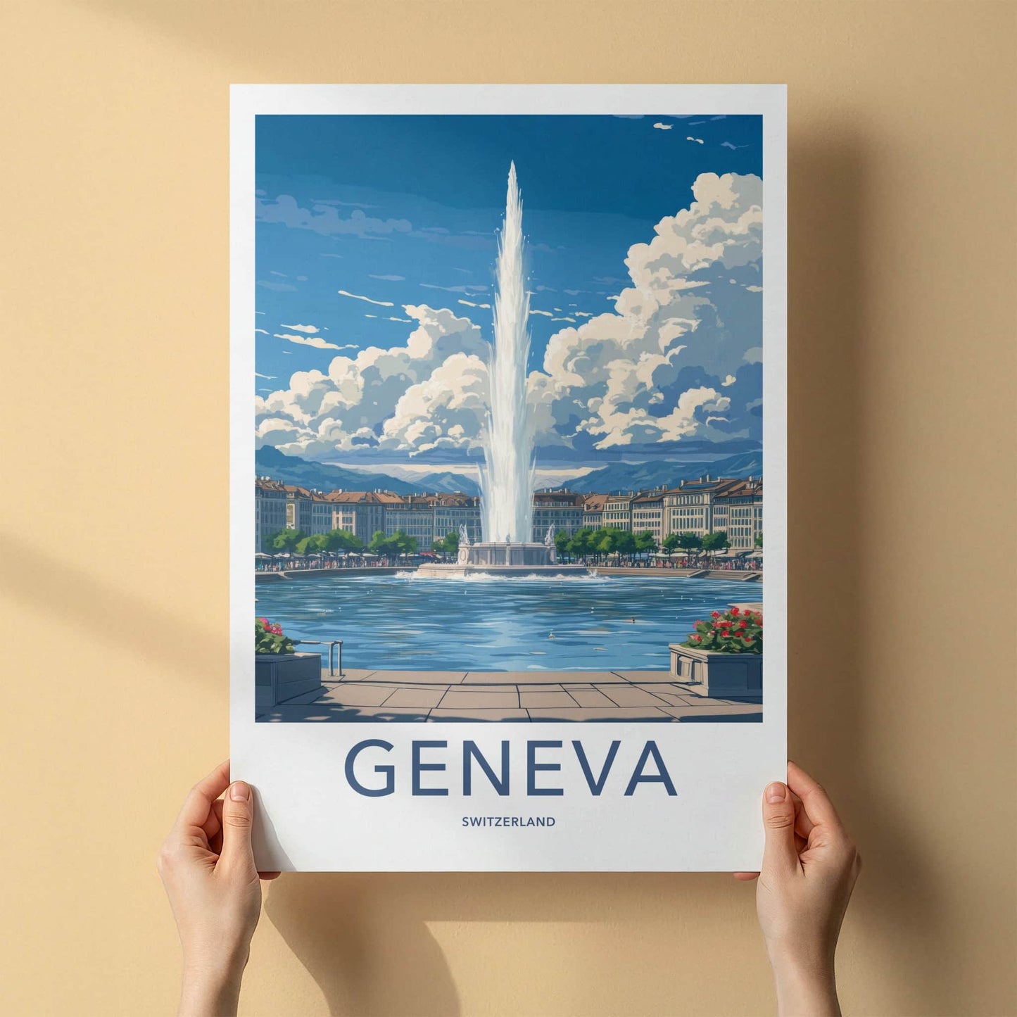 Geneva Poster - Switzerland Travel Art - Iconic Fountain Lake Home Decor