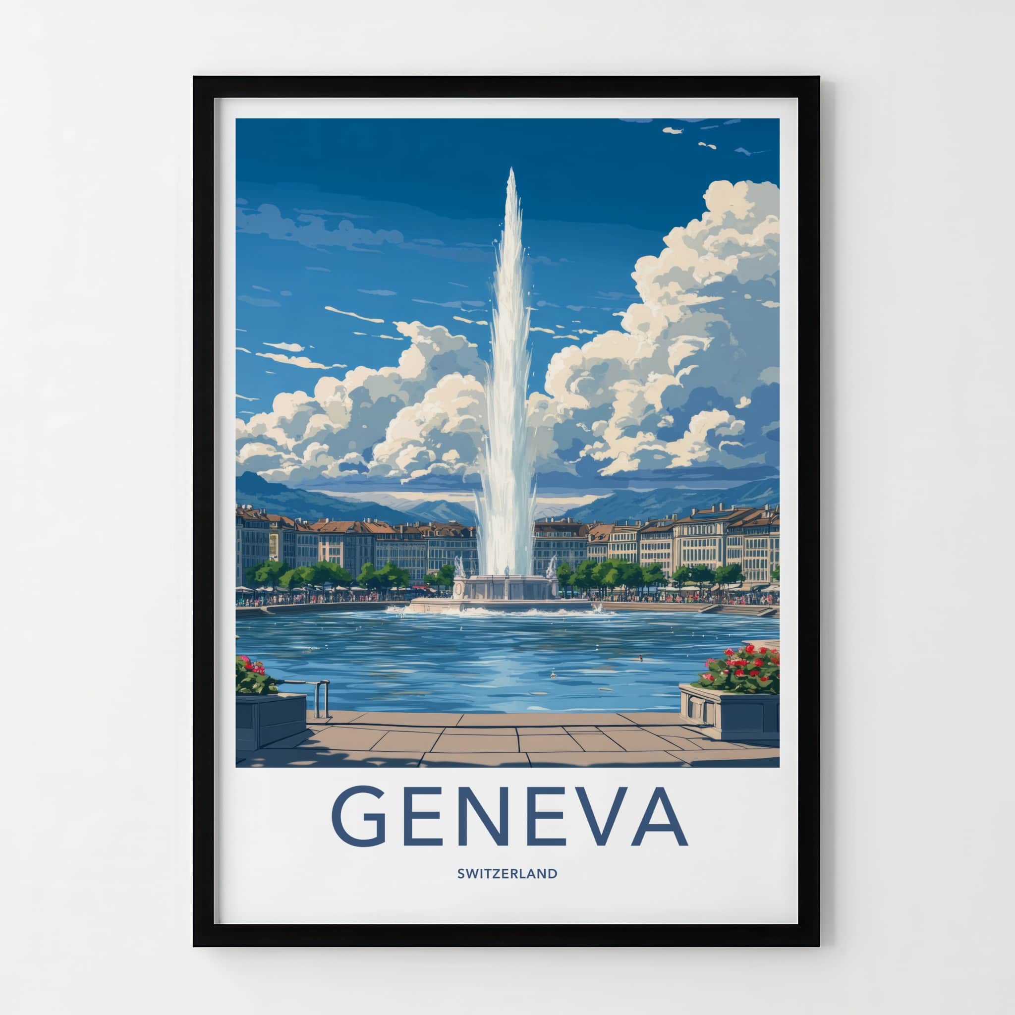 Geneva Poster - Switzerland Travel Art - Iconic Fountain Lake Home Decor