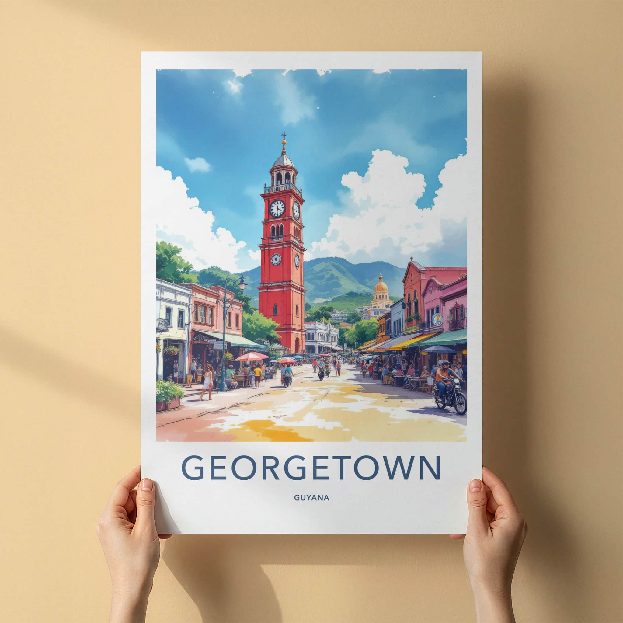 Georgetown Poster - Guyana Art Print - Red Clock Tower Home Decor