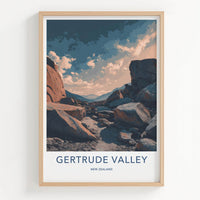 Gertrude Valley Poster - New Zealand Travel Art - Rocky Path Cloudy Home Decor