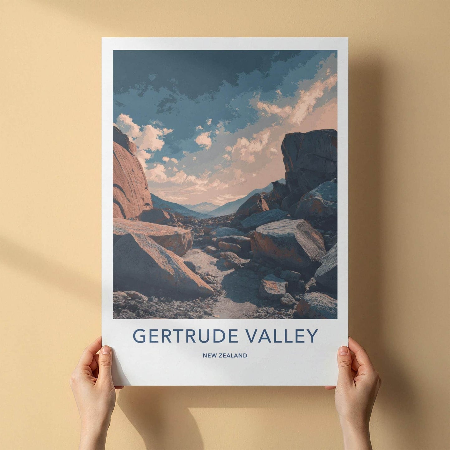 Gertrude Valley Poster - New Zealand Travel Art - Rocky Path Cloudy Home Decor