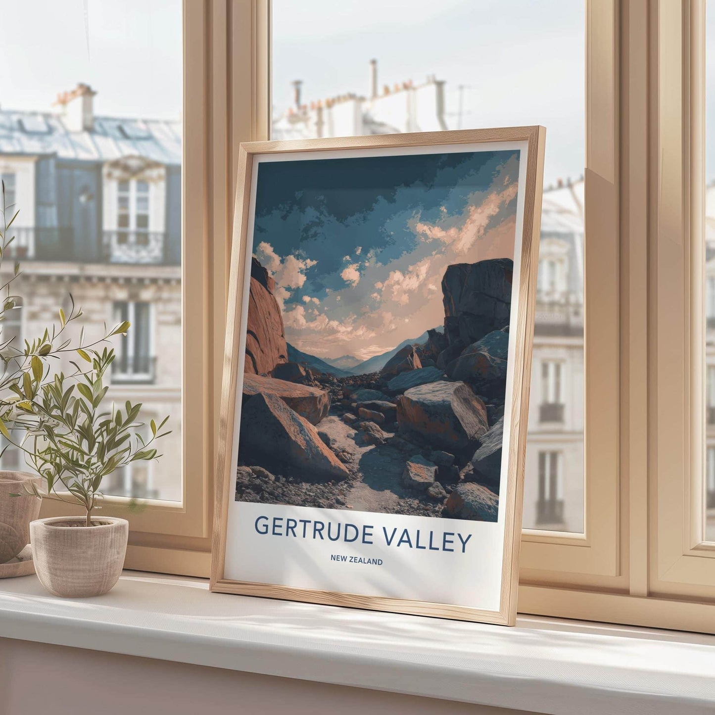 Gertrude Valley Poster - New Zealand Travel Art - Rocky Path Cloudy Home Decor