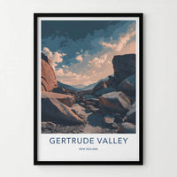 Gertrude Valley Poster - New Zealand Travel Art - Rocky Path Cloudy Home Decor