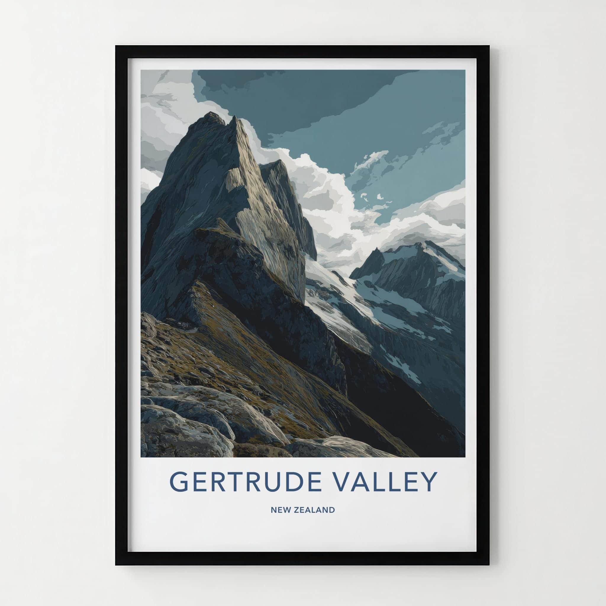 Gertrude Valley Poster - New Zealand Travel Art - Rugged Mountain Peaks Home Decor
