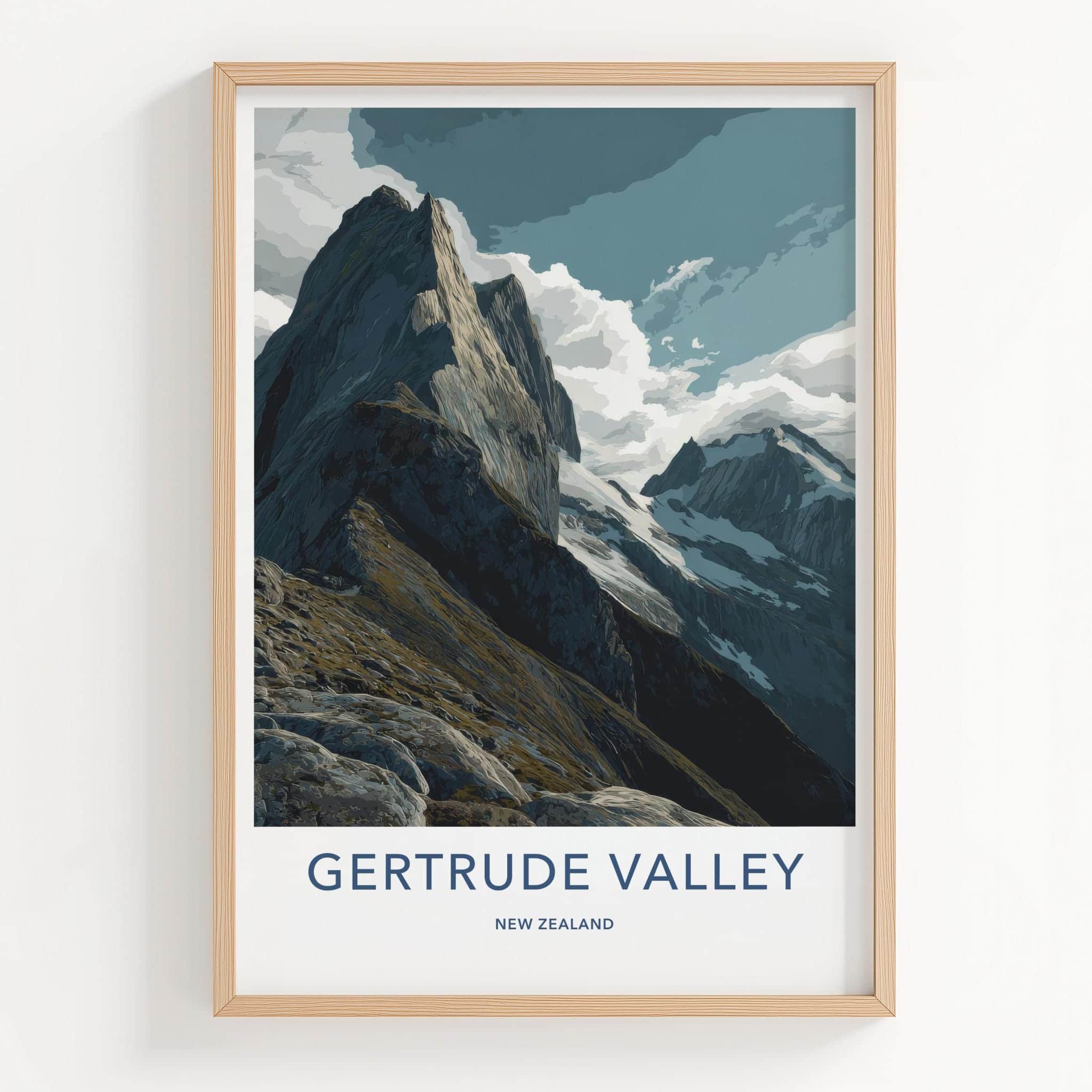 Gertrude Valley Poster - New Zealand Travel Art - Rugged Mountain Peaks Home Decor