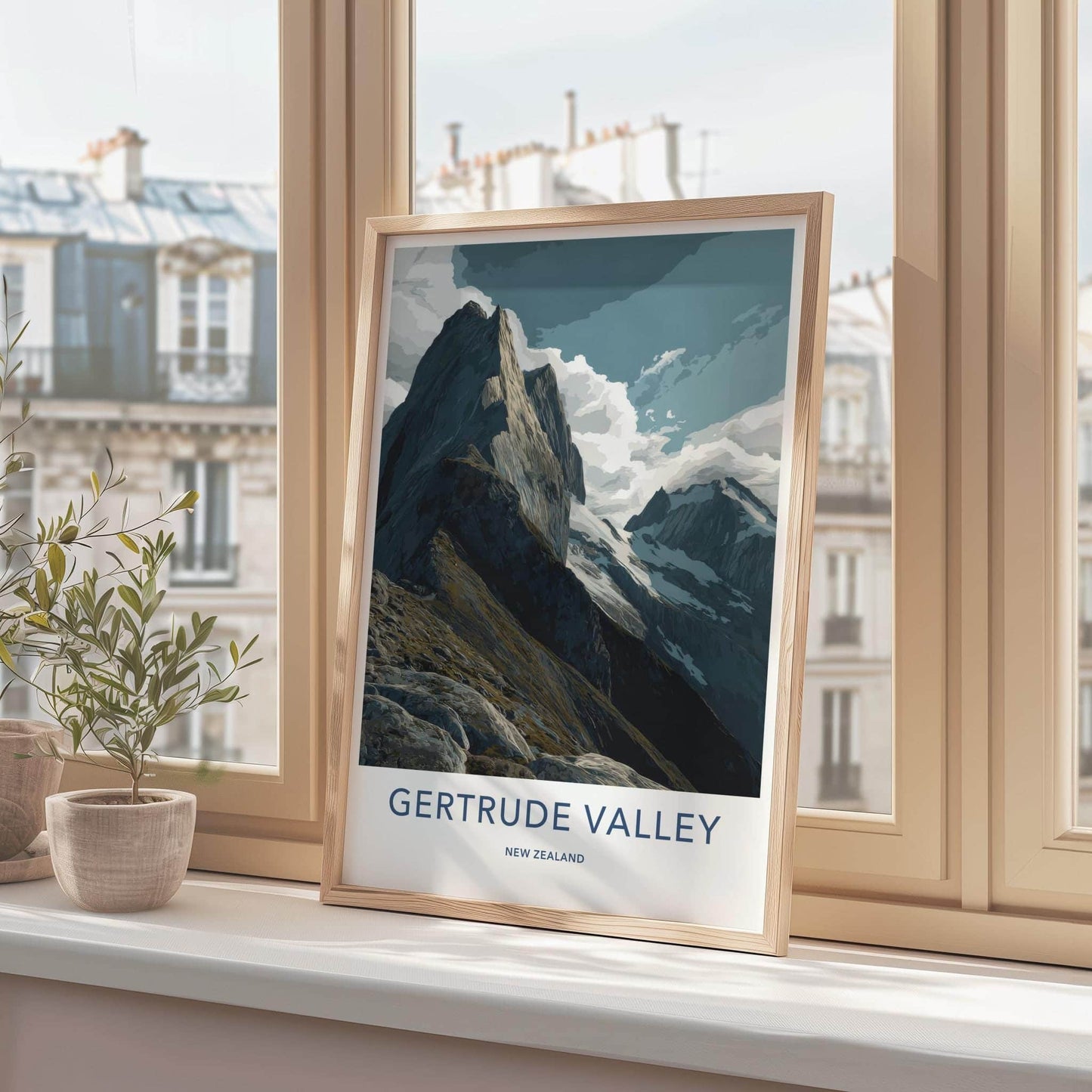 Gertrude Valley Poster - New Zealand Travel Art - Rugged Mountain Peaks Home Decor