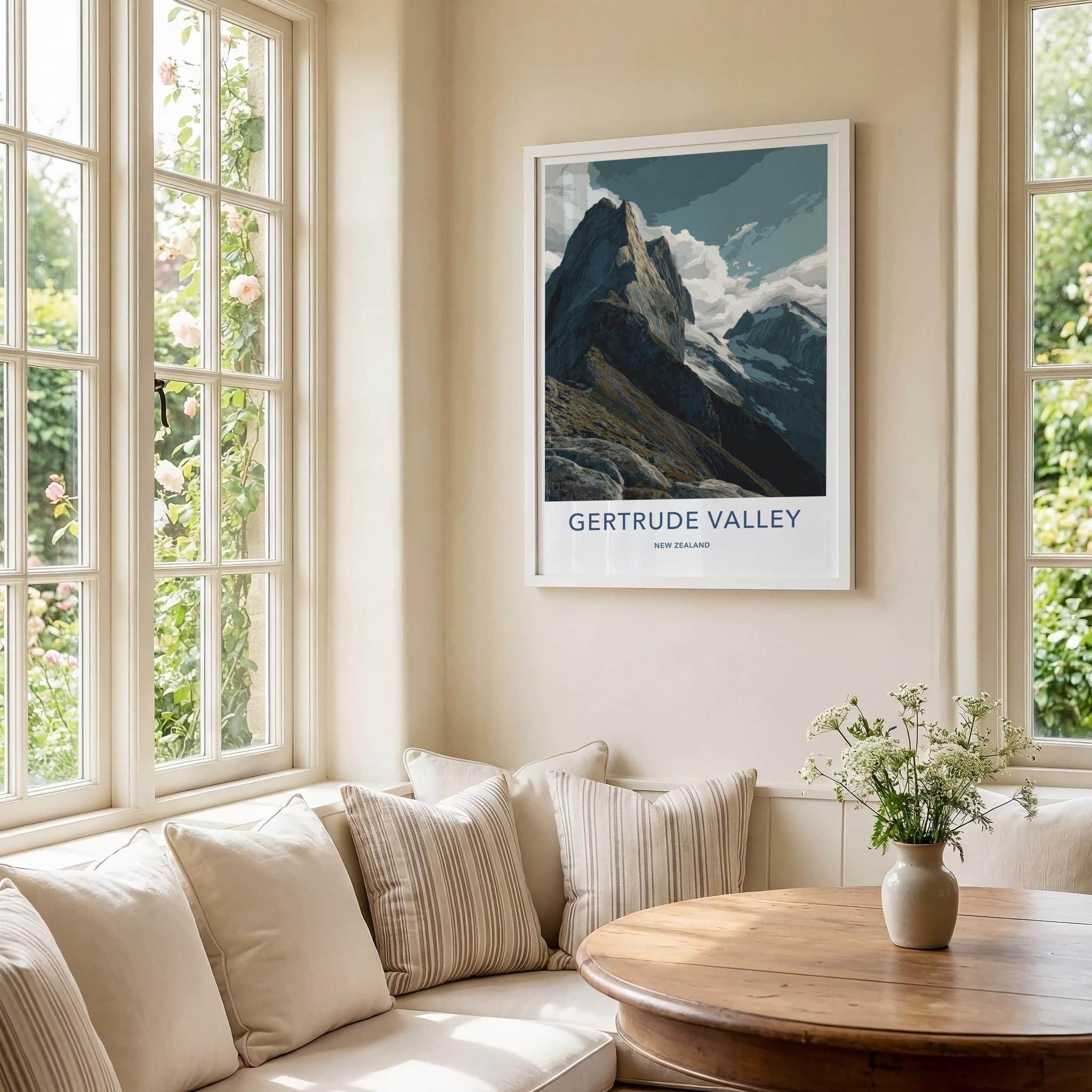 Gertrude Valley Poster - New Zealand Travel Art - Rugged Mountain Peaks Home Decor