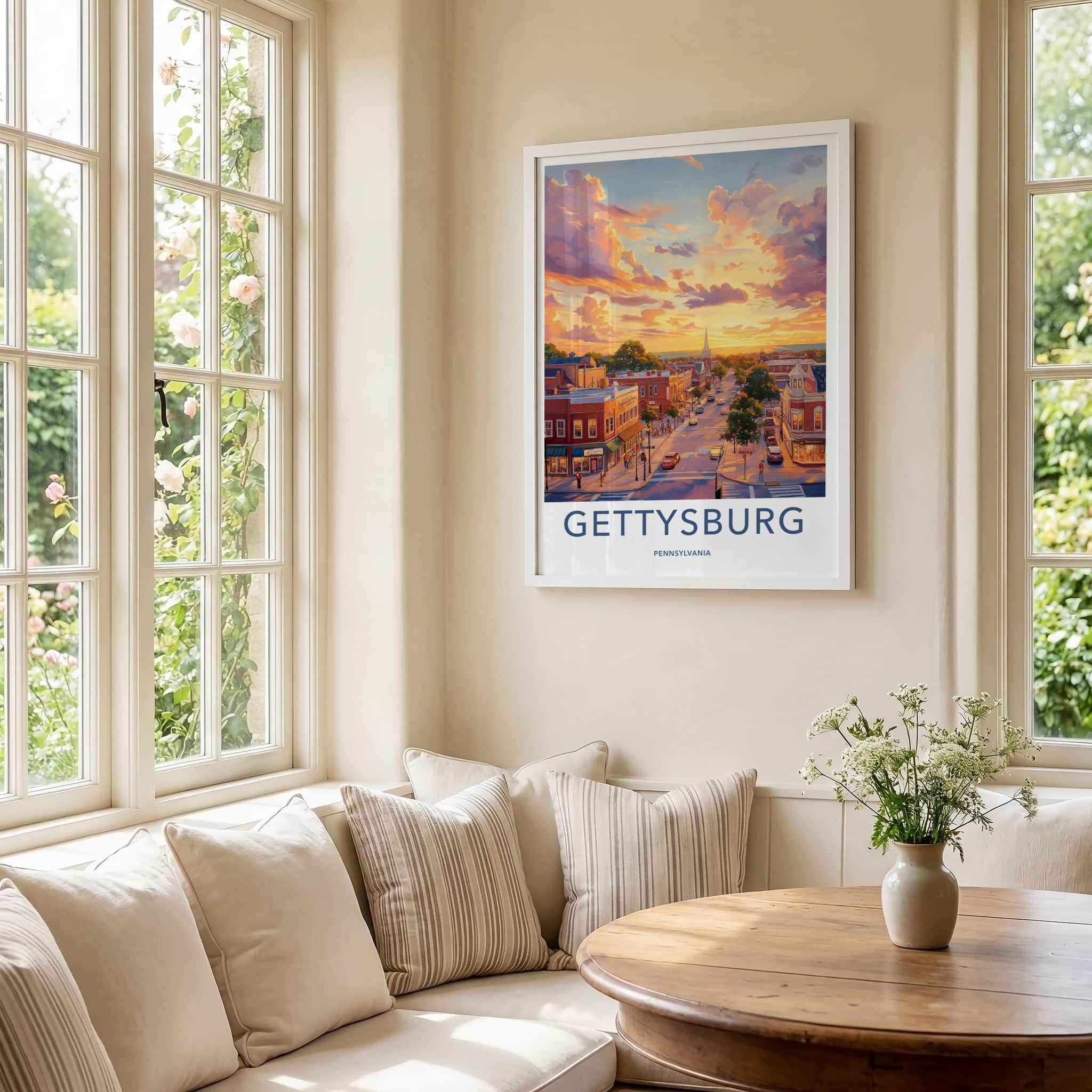 Gettysburg Poster - Pennsylvania Travel Art - Warm Streetscape Sunset Home Decor