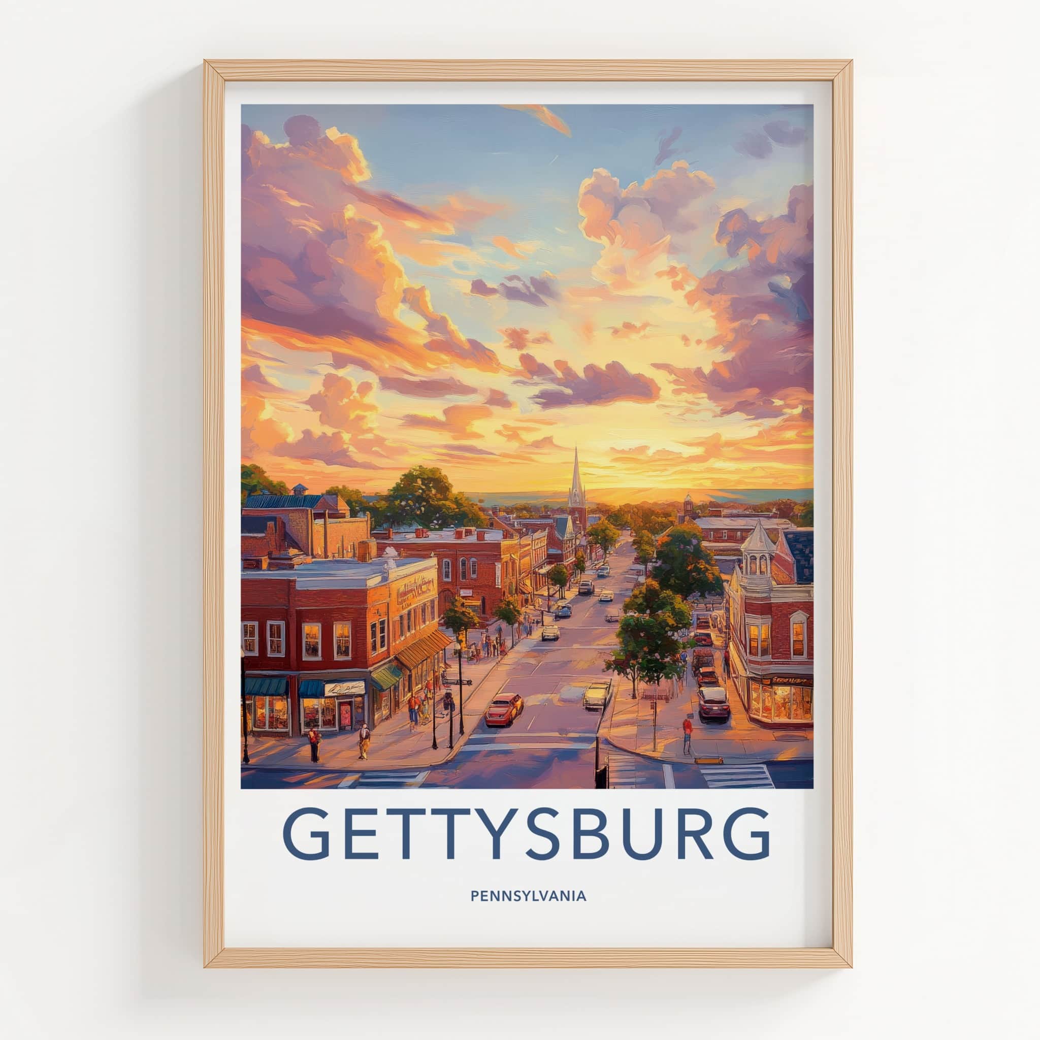 Gettysburg Poster - Pennsylvania Travel Art - Warm Streetscape Sunset Home Decor