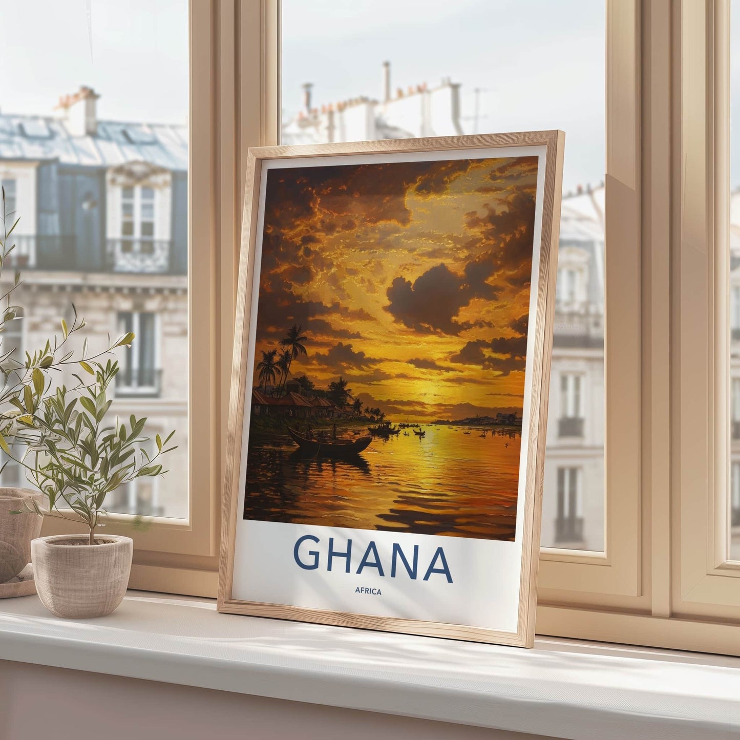 Ghana Poster - Ghana Framed Print - Golden Water Sunset Framed Decor