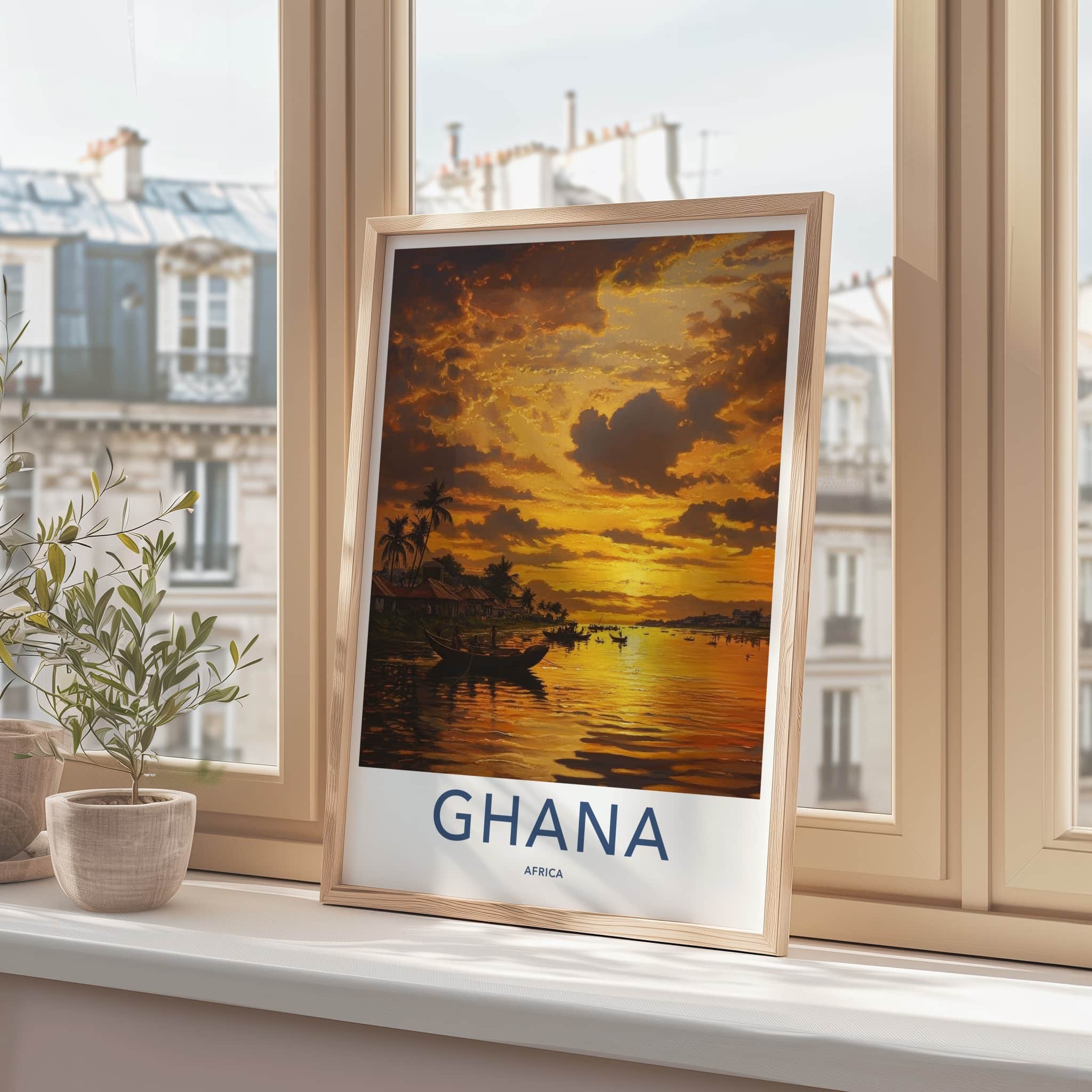 Ghana Poster - Ghana Framed Print - Golden Water Sunset Framed Decor