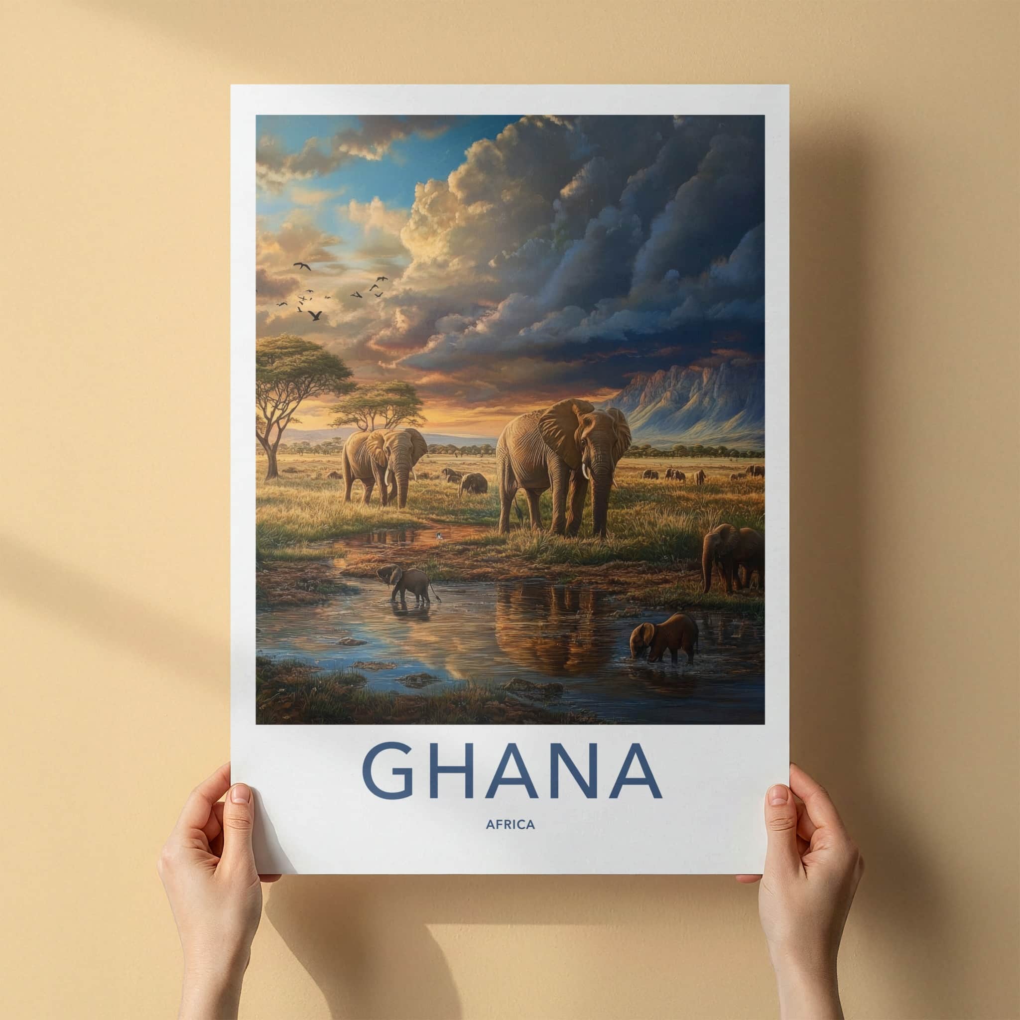 Ghana Poster - Ghana Travel Art - African Sunset Elephants Home Decor