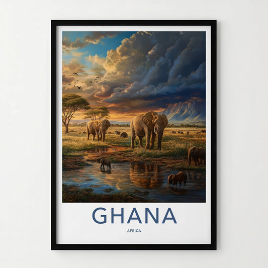 Ghana Poster - Ghana Travel Art - African Sunset Elephants Home Decor