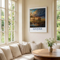 Ghana Poster - Ghana Travel Art - African Sunset Elephants Home Decor