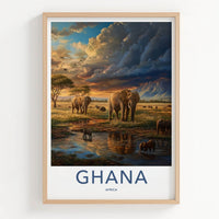 Ghana Poster - Ghana Travel Art - African Sunset Elephants Home Decor