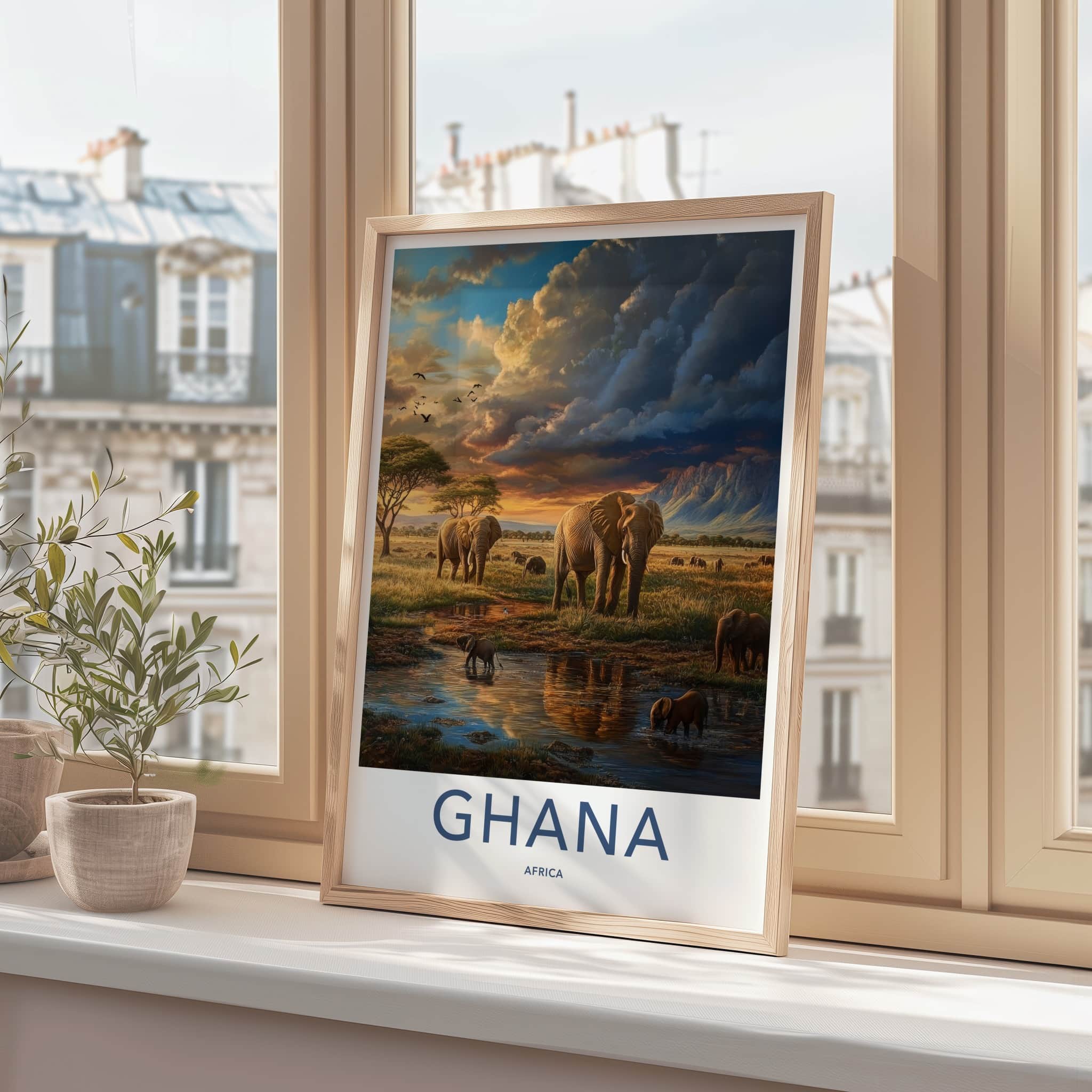 Ghana Poster - Ghana Travel Art - African Sunset Elephants Home Decor