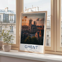 Ghent Poster - Belgium Travel Art - Cathedral Sunset Glow Home Decor