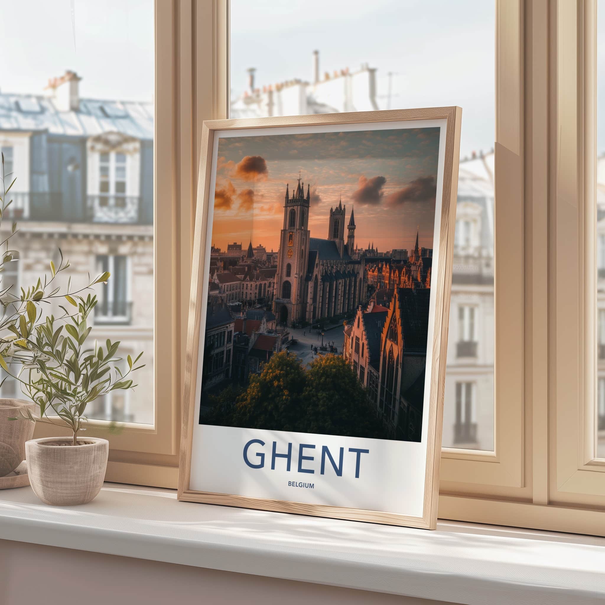 Ghent Poster - Belgium Travel Art - Cathedral Sunset Glow Home Decor