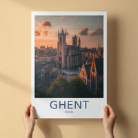 Ghent Poster - Belgium Travel Art - Cathedral Sunset Glow Home Decor