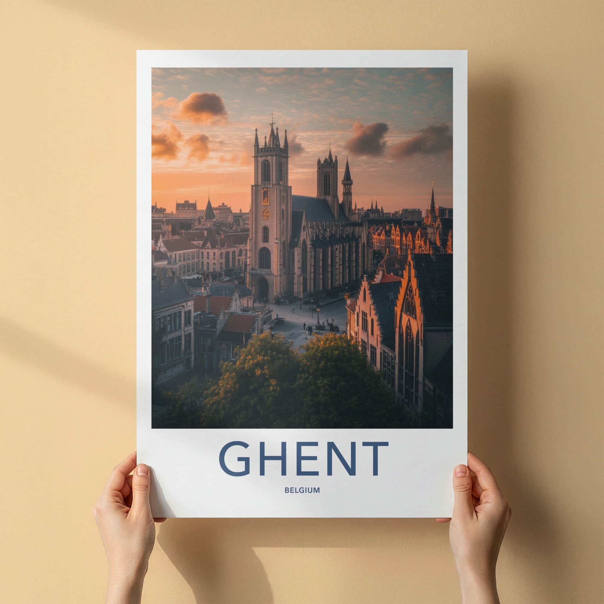 Ghent Poster - Belgium Travel Art - Cathedral Sunset Glow Home Decor