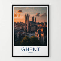 Ghent Poster - Belgium Travel Art - Cathedral Sunset Glow Home Decor