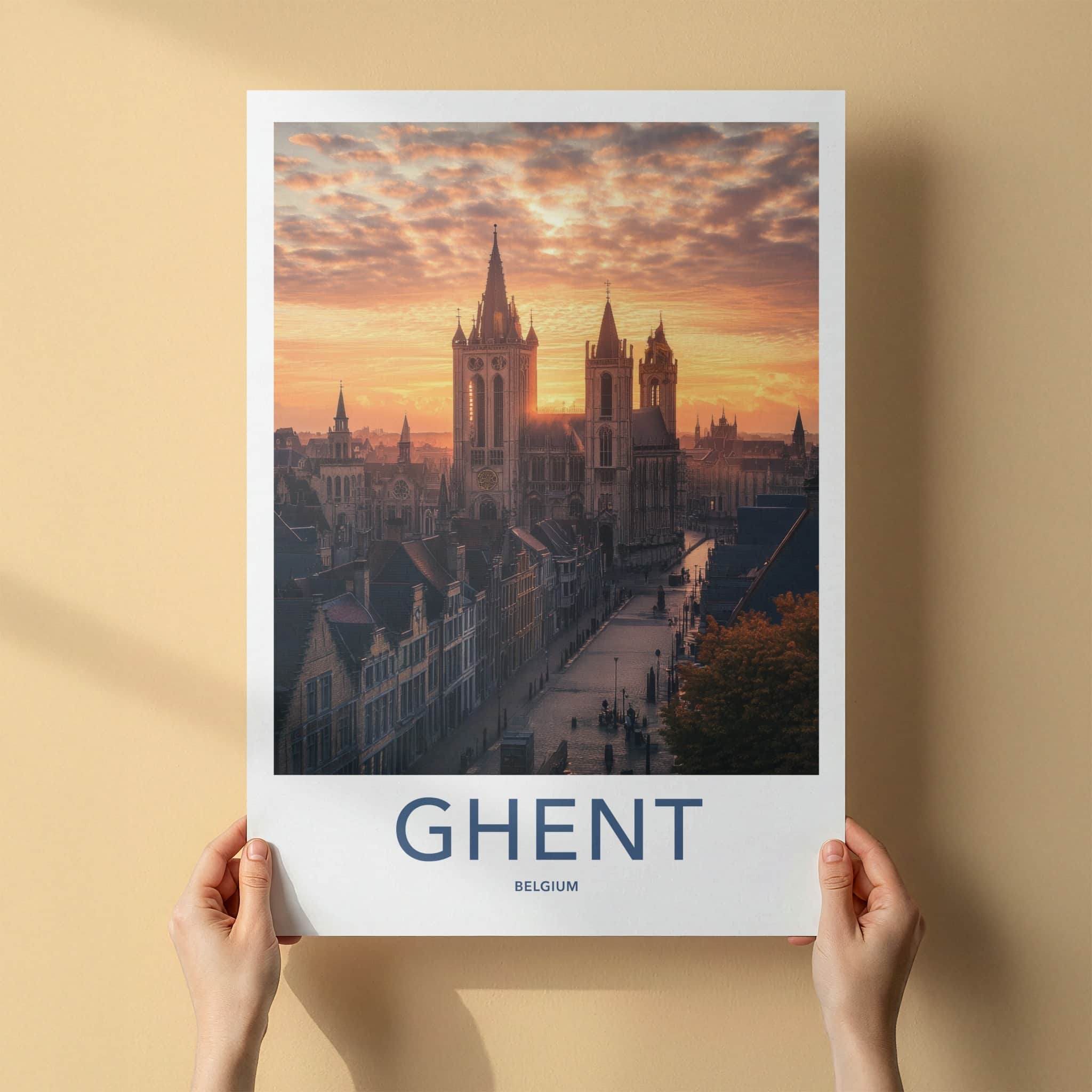 Ghent Poster - Belgium Travel Art - City Cathedral Sunset Home Decor
