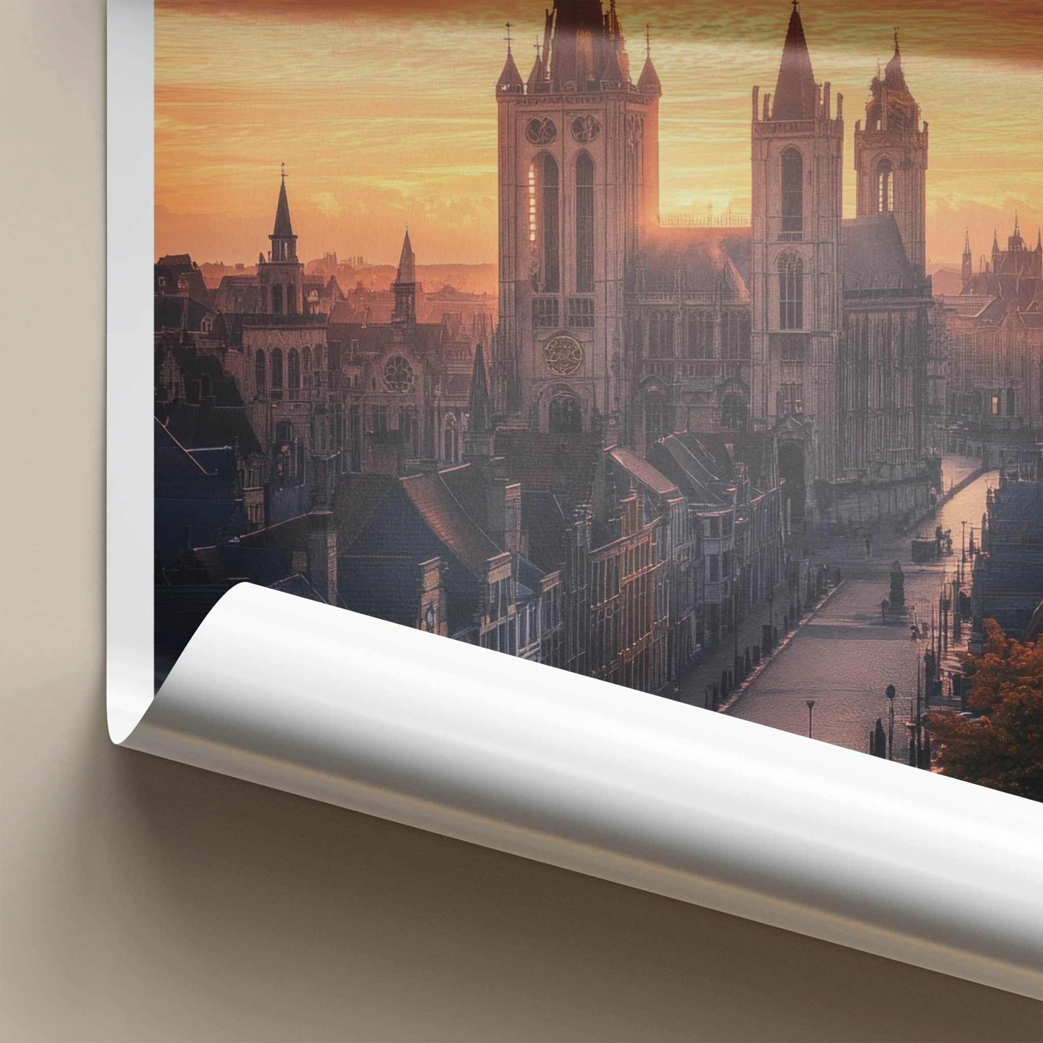 Ghent Poster - Belgium Travel Art - City Cathedral Sunset Home Decor
