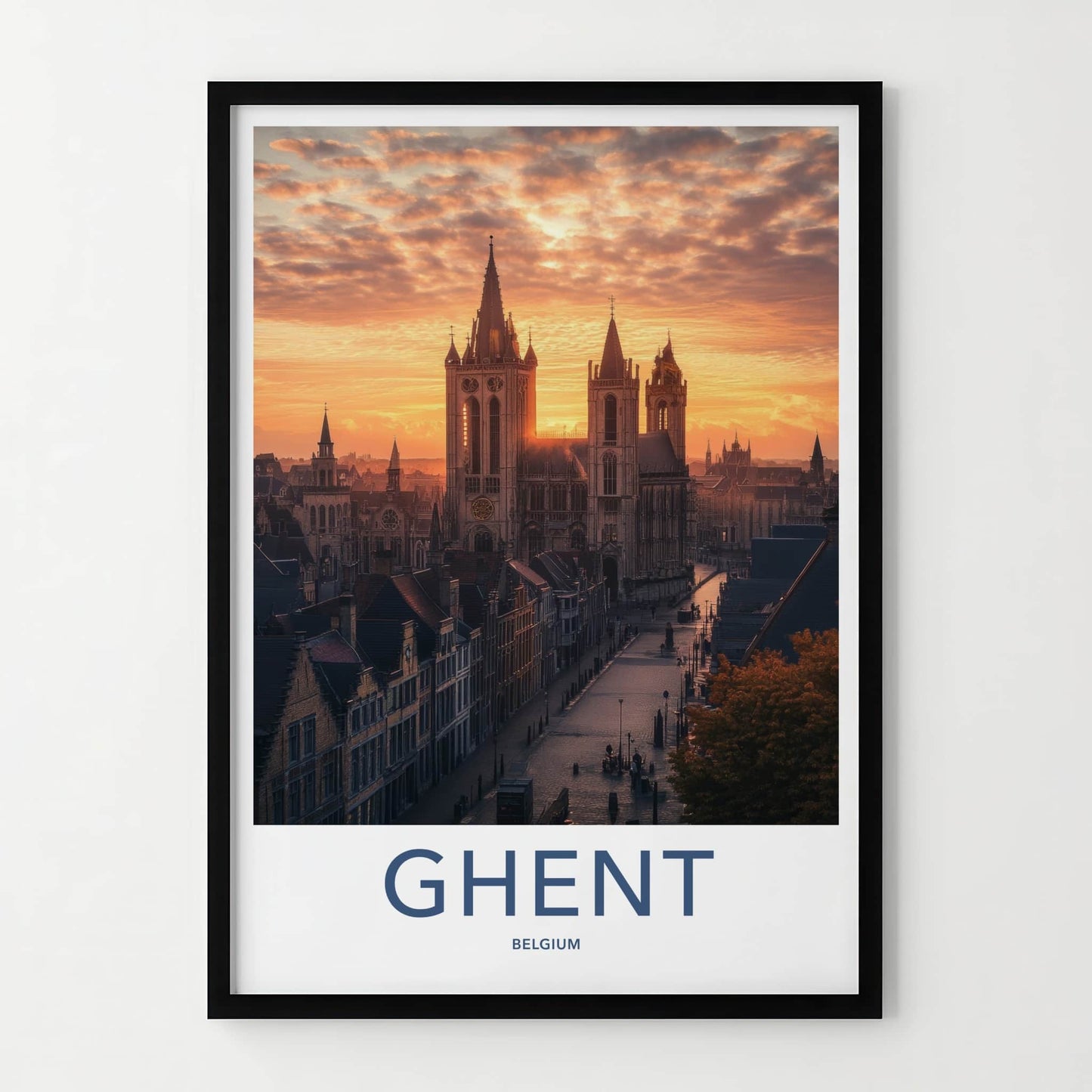 Ghent Poster - Belgium Travel Art - City Cathedral Sunset Home Decor