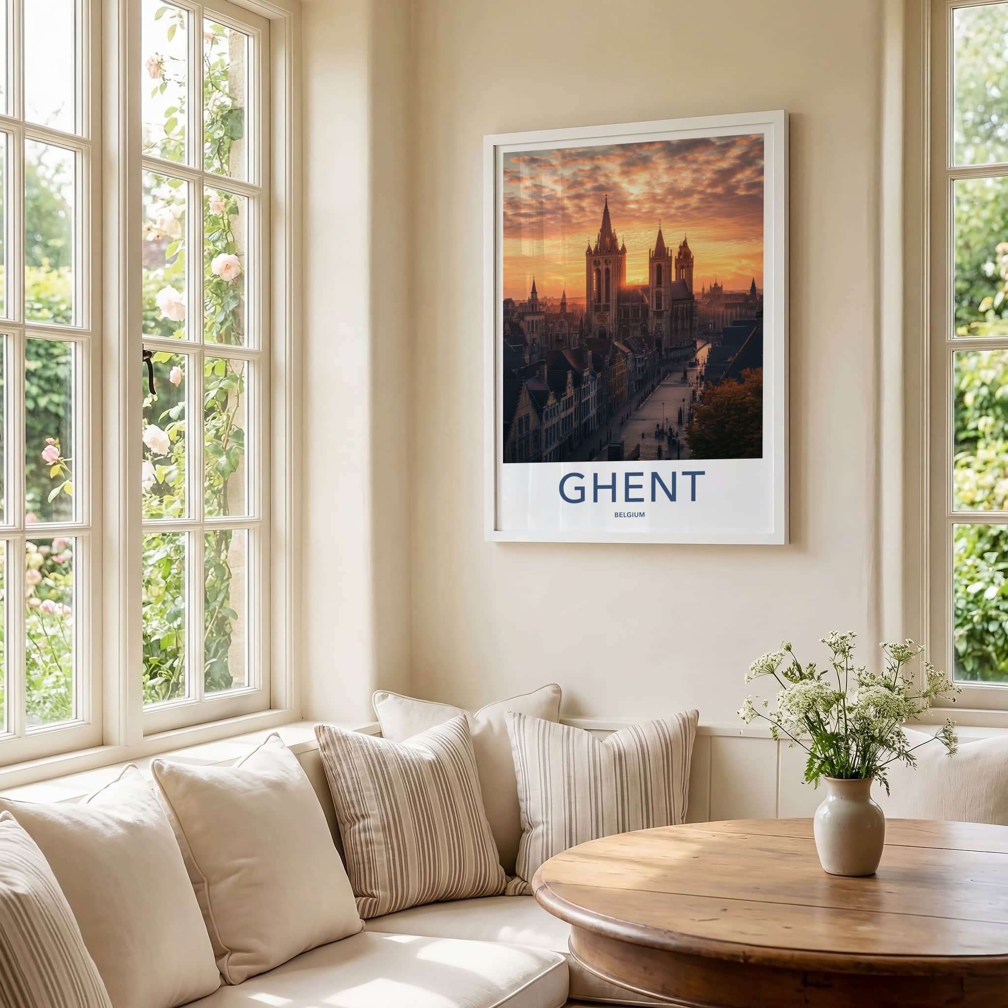Ghent Poster - Belgium Travel Art - City Cathedral Sunset Home Decor
