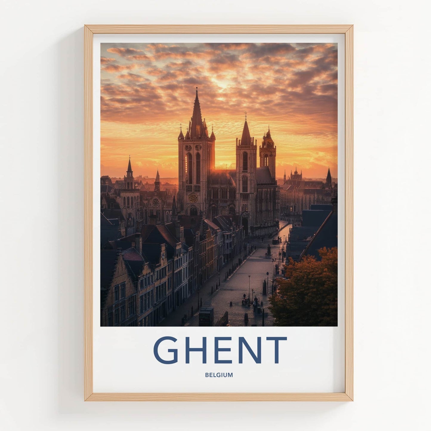Ghent Poster - Belgium Travel Art - City Cathedral Sunset Home Decor