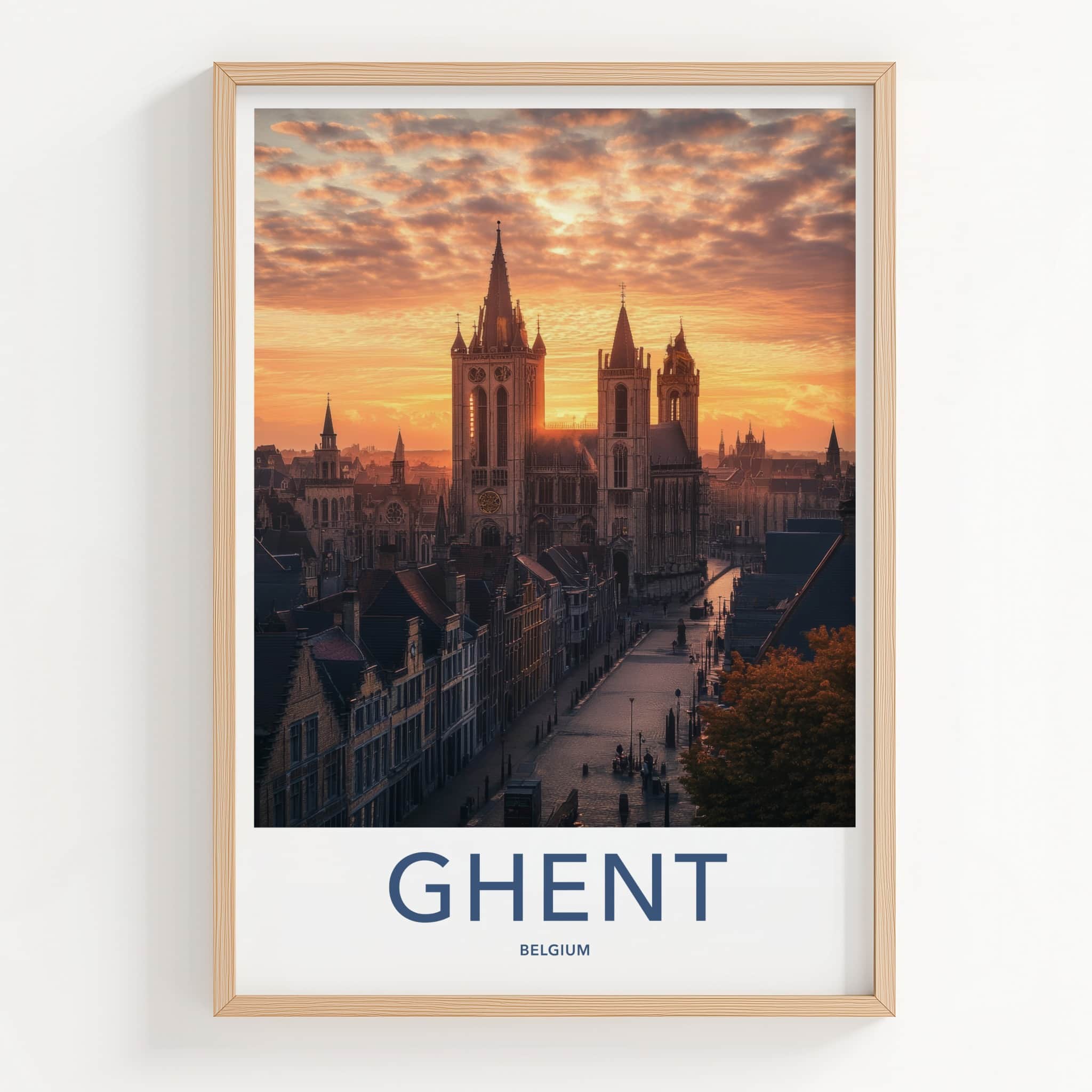 Ghent Poster - Belgium Travel Art - City Cathedral Sunset Home Decor