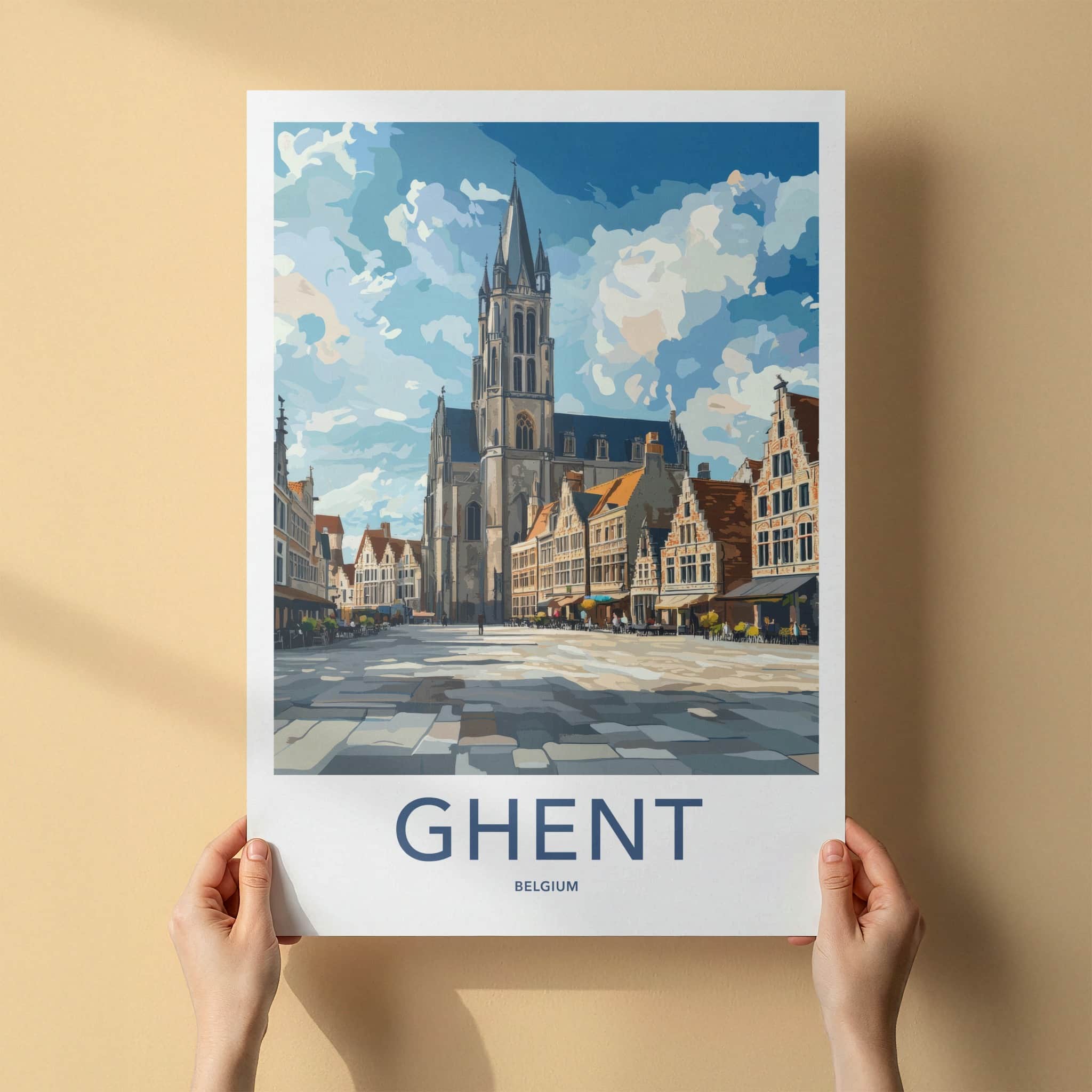 Ghent Poster - Belgium Travel Art - Historic Square Cathedral Home Decor