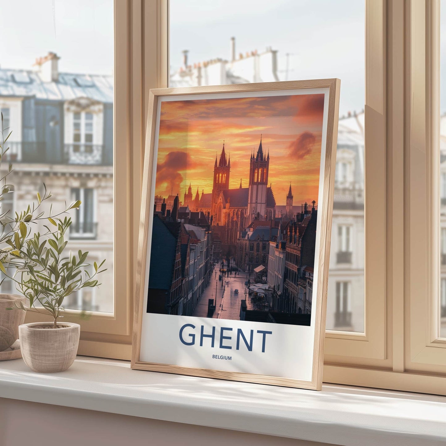 Ghent Poster - Belgium Travel Print - Illuminated Towers Street Lounge Decor