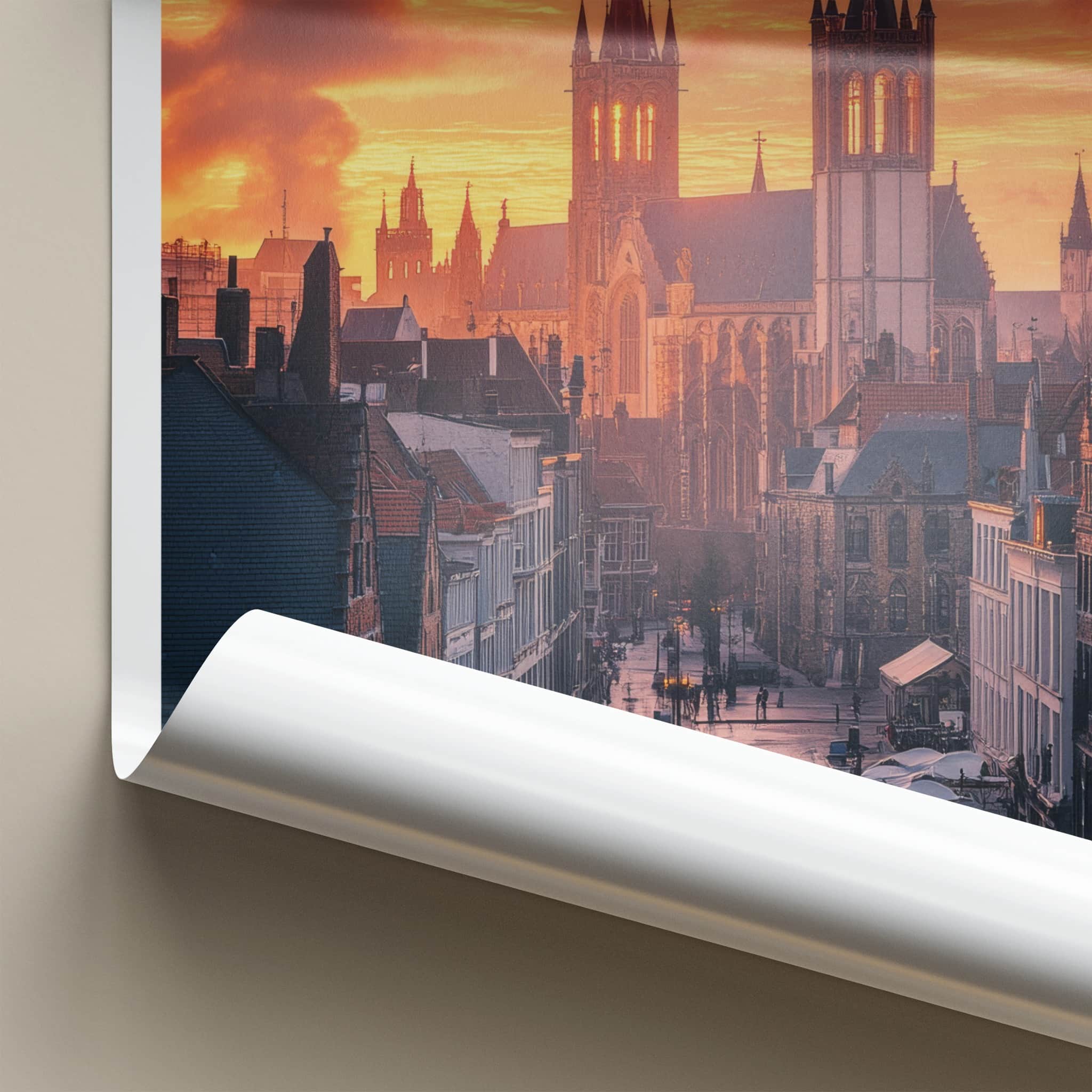 Ghent Poster - Belgium Travel Print - Illuminated Towers Street Lounge Decor
