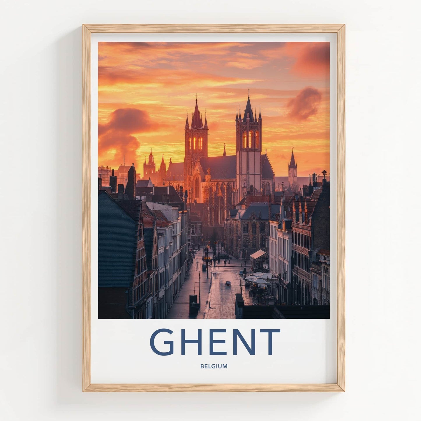 Ghent Poster - Belgium Travel Print - Illuminated Towers Street Lounge Decor