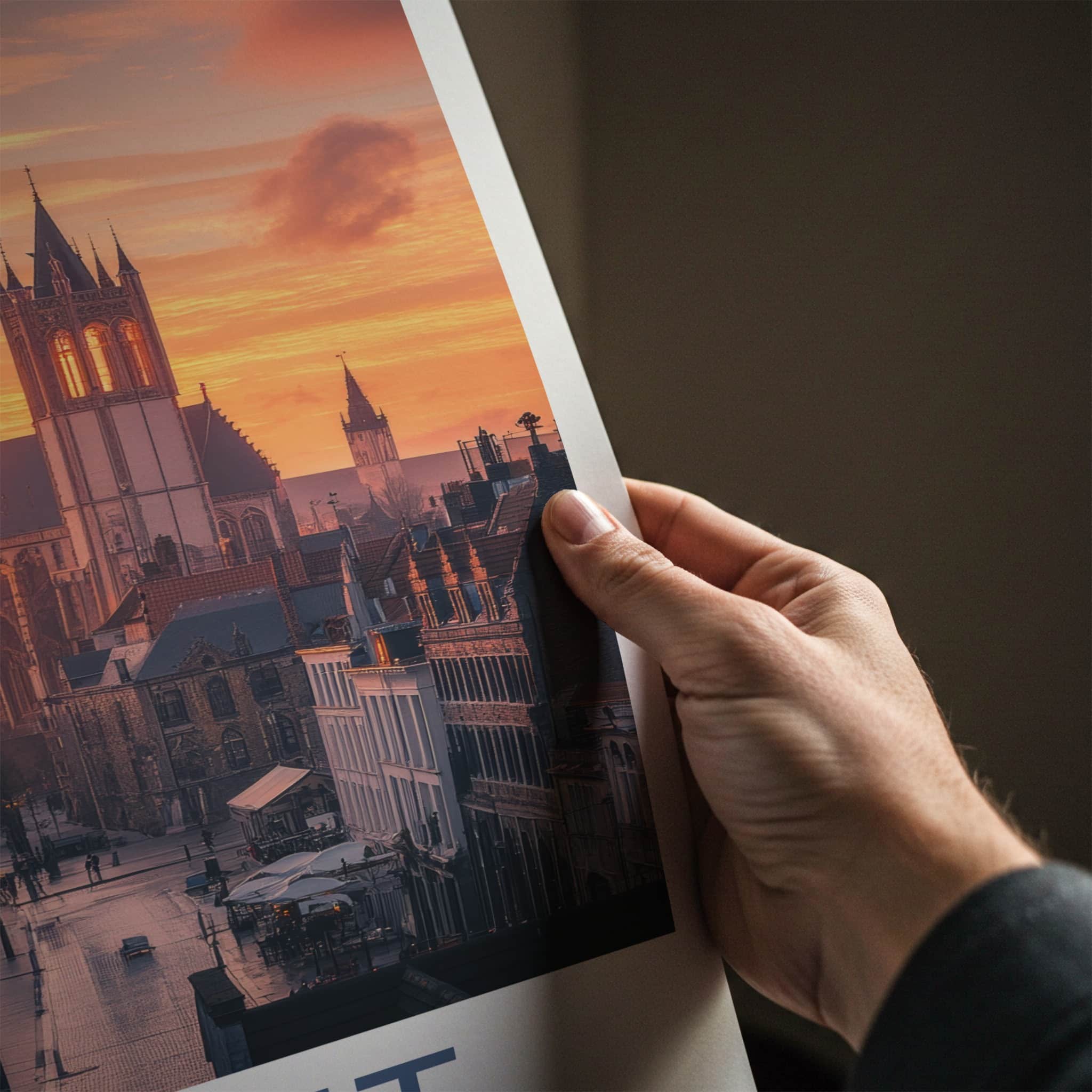 Ghent Poster - Belgium Travel Print - Illuminated Towers Street Lounge Decor