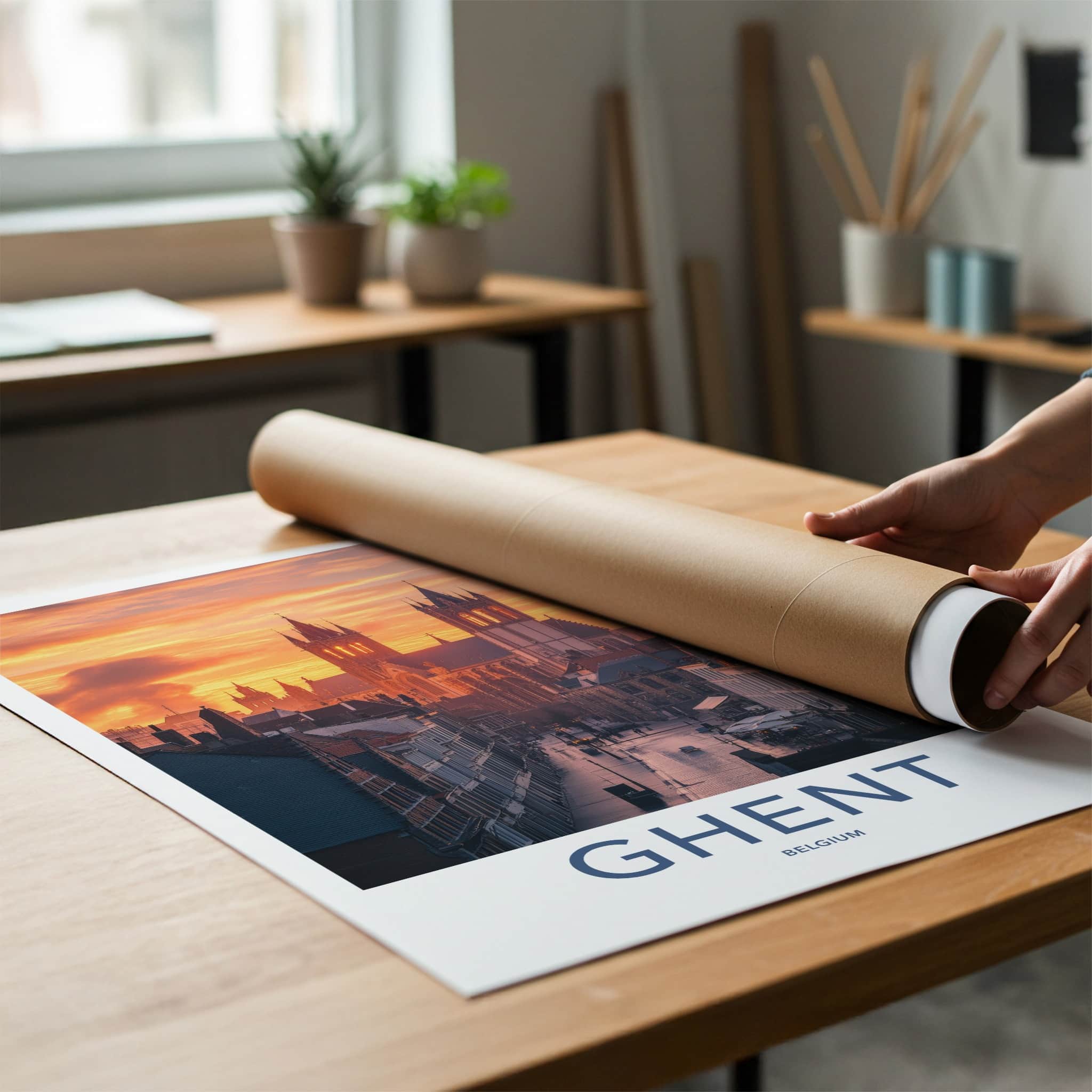 Ghent Poster - Belgium Travel Print - Illuminated Towers Street Lounge Decor