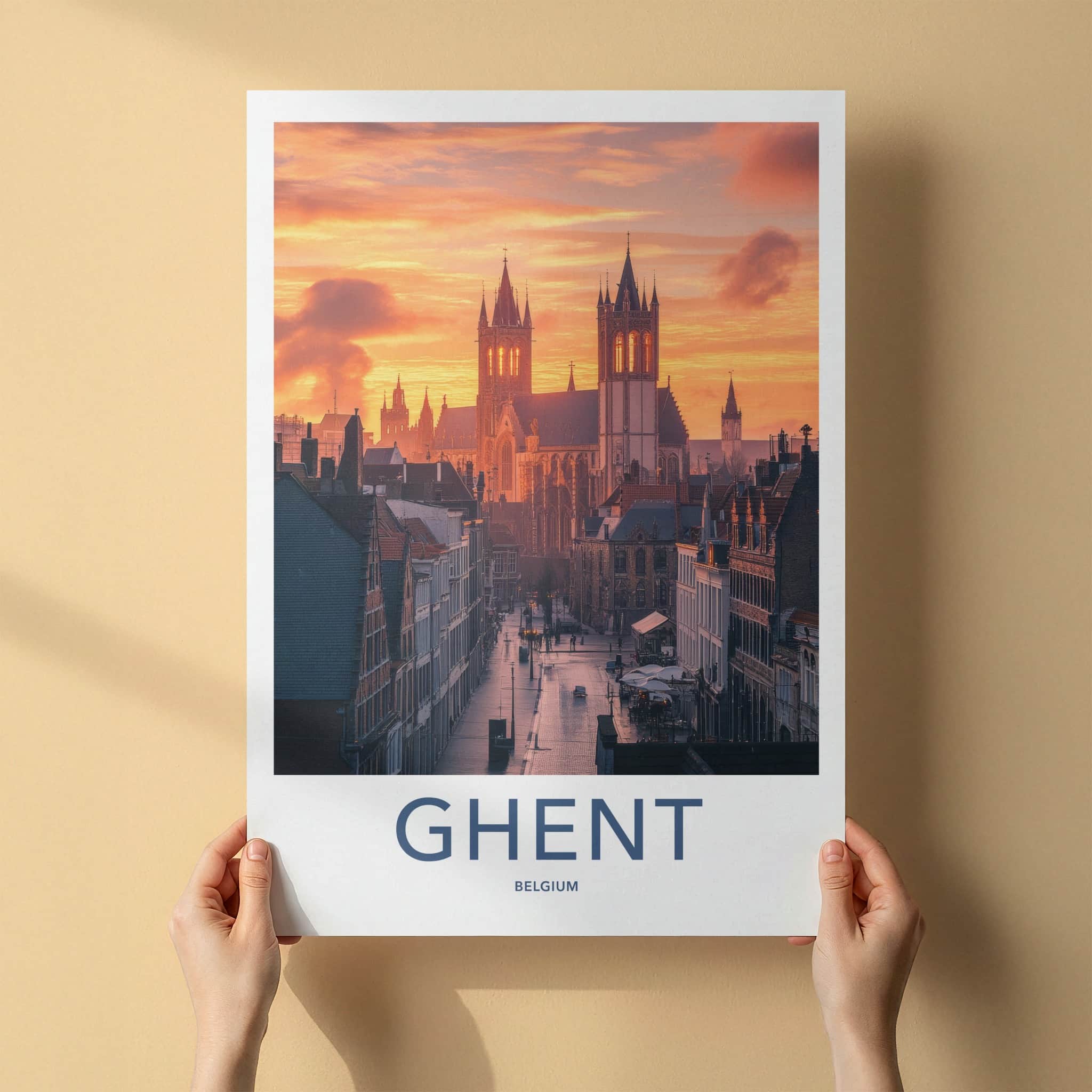 Ghent Poster - Belgium Travel Print - Illuminated Towers Street Lounge Decor