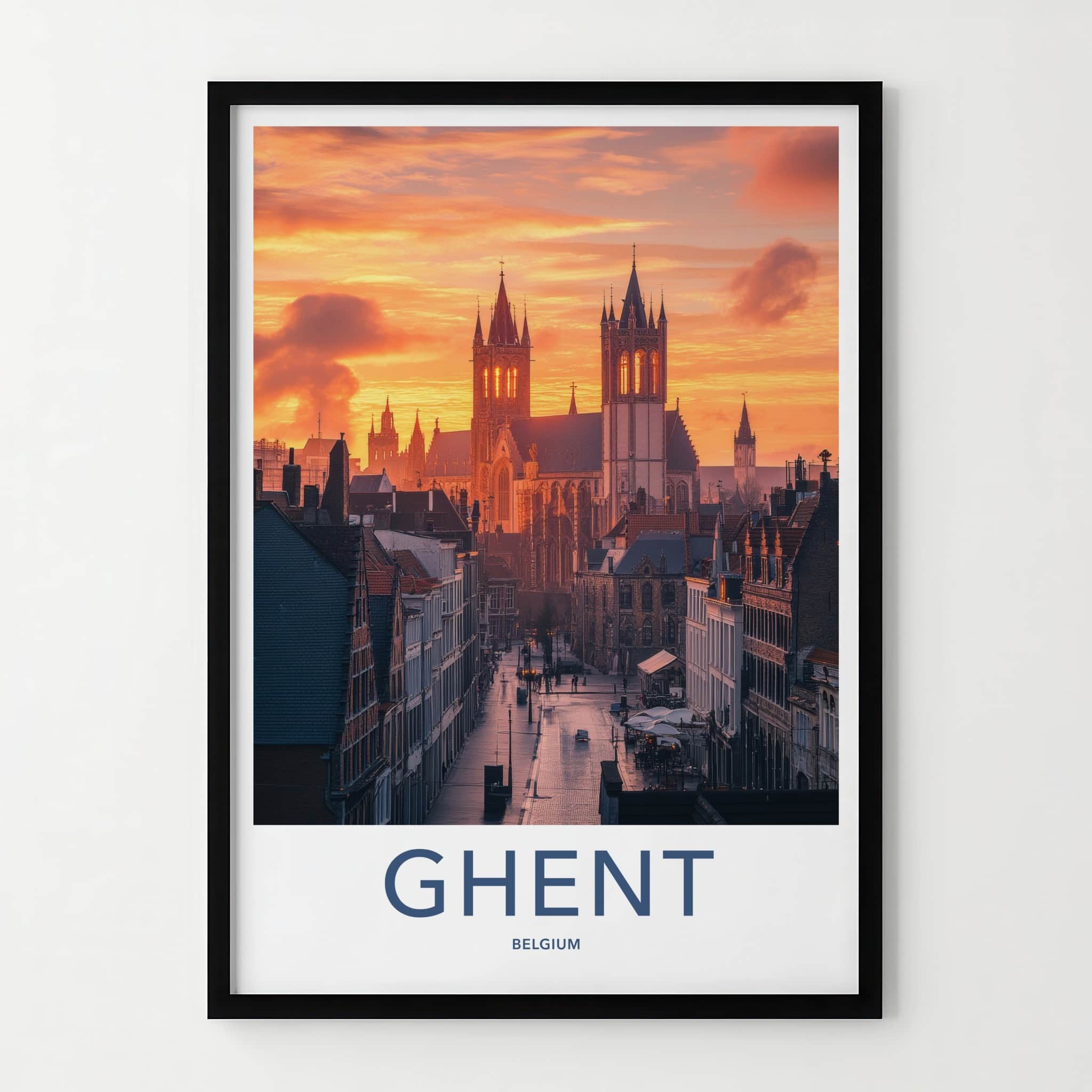 Ghent Poster - Belgium Travel Print - Illuminated Towers Street Lounge Decor