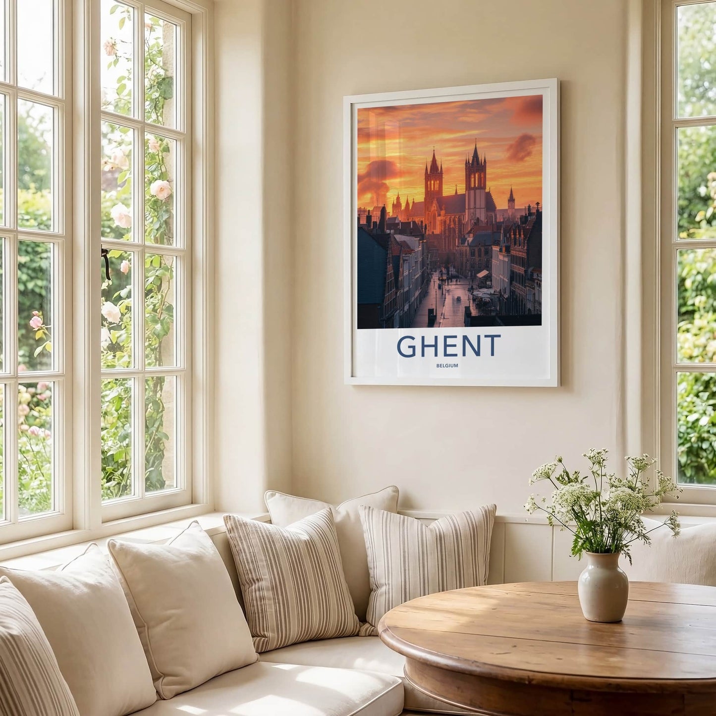 Ghent Poster - Belgium Travel Print - Illuminated Towers Street Lounge Decor