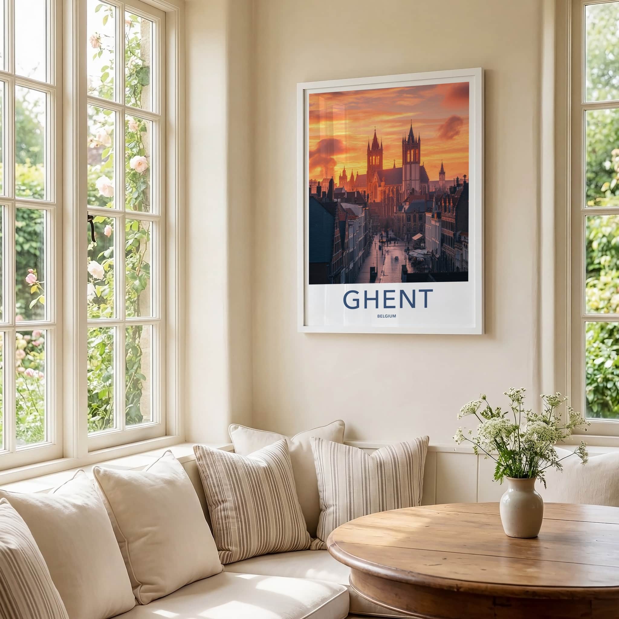 Ghent Poster - Belgium Travel Print - Illuminated Towers Street Lounge Decor