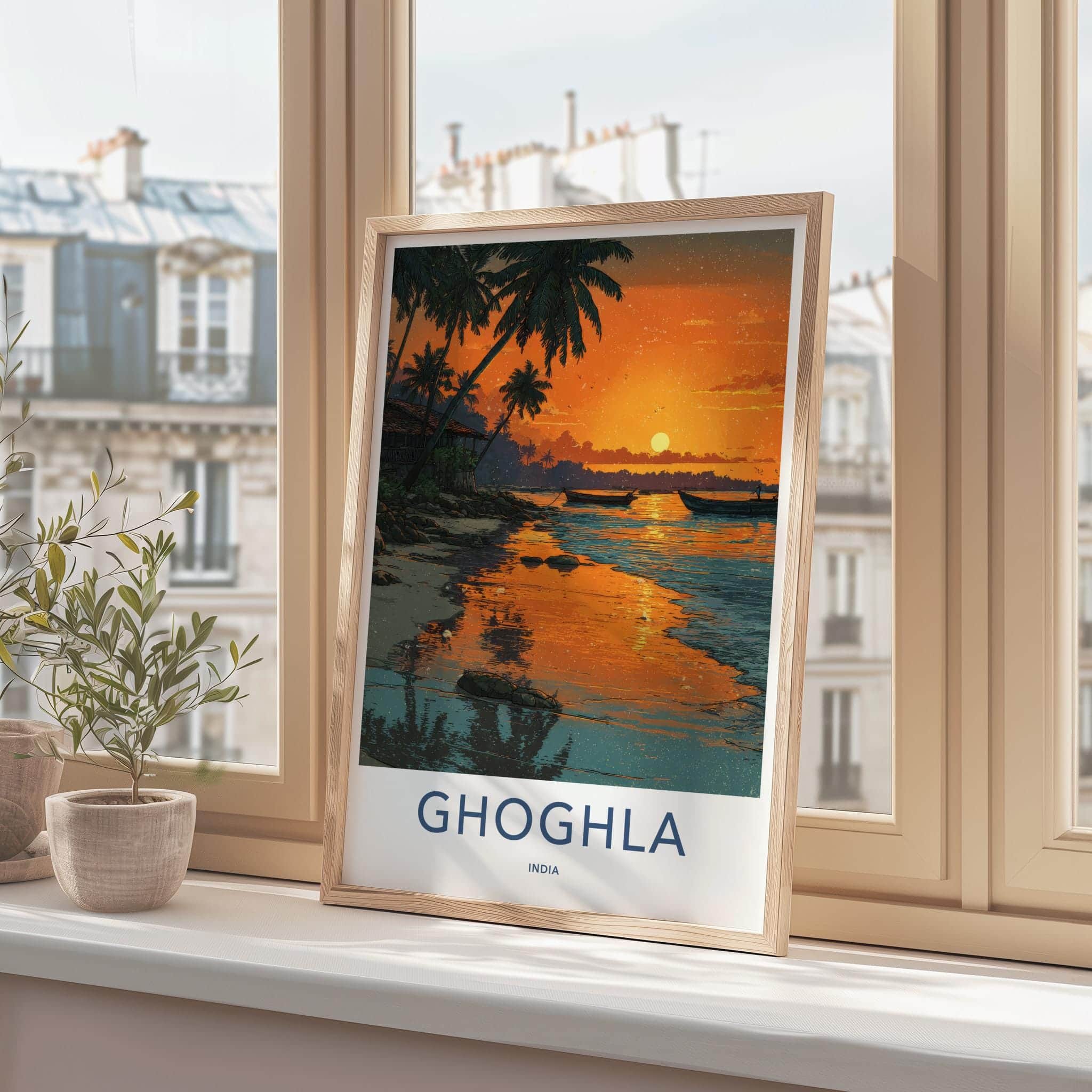 Ghoghla Poster - India Travel Art - Beach Sunset Boats Home Decor