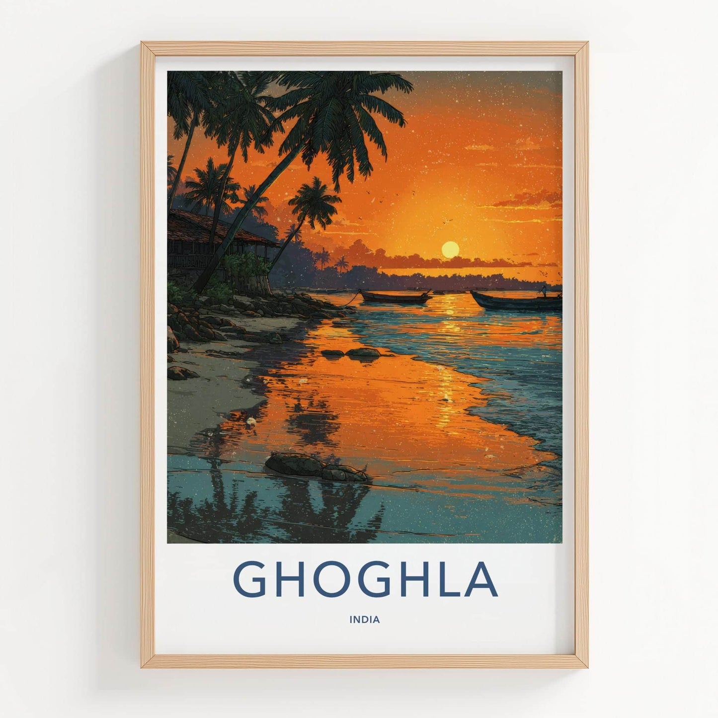 Ghoghla Poster - India Travel Art - Beach Sunset Boats Home Decor