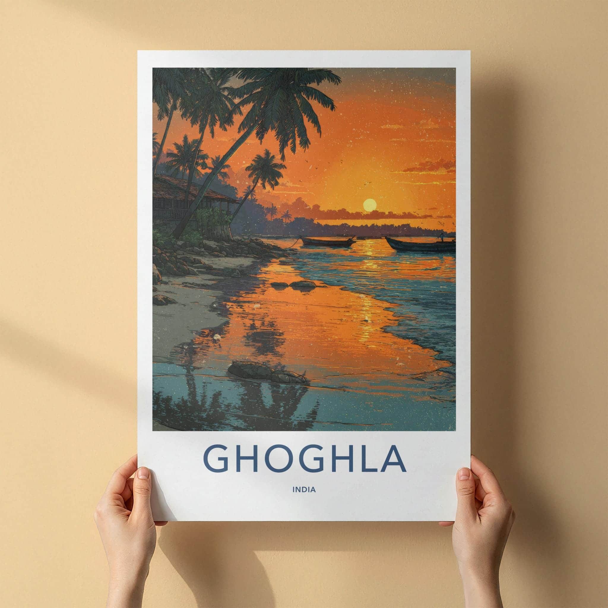 Ghoghla Poster - India Travel Art - Beach Sunset Boats Home Decor
