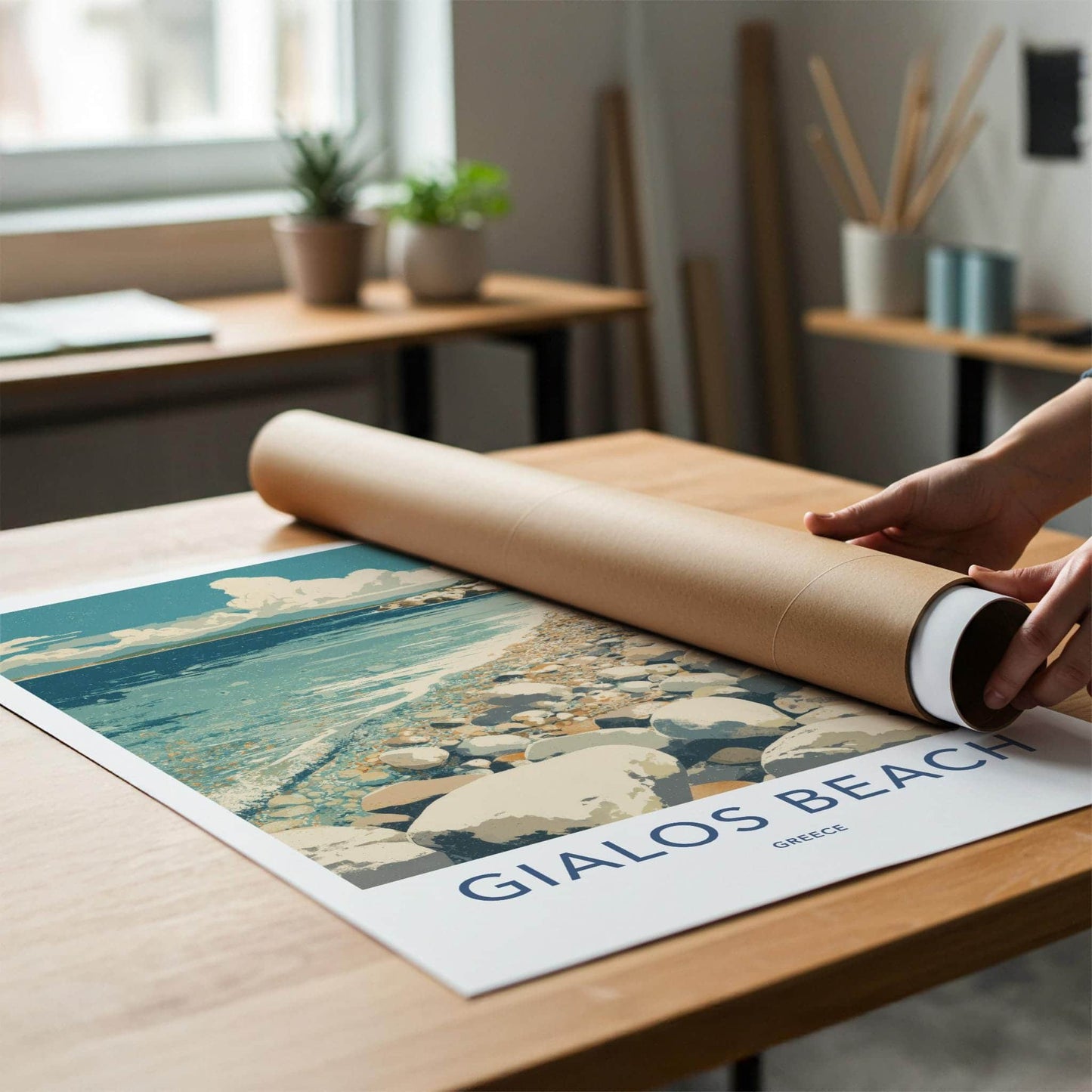 Gialos Beach Poster - Greece Travel Art - Pebble Beach Oceanfront Home Decor